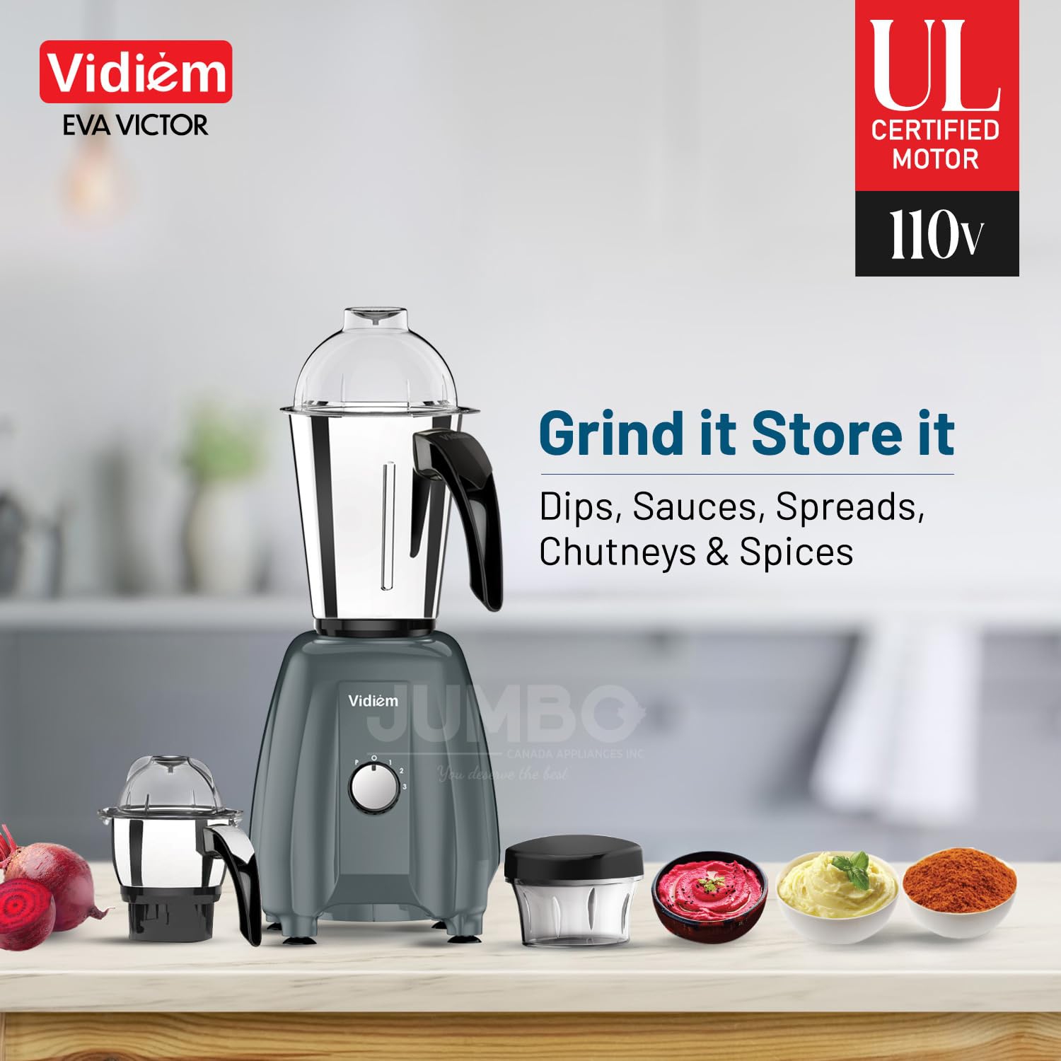 Vidiem Eva VICTOR PRO 650W / 110V - Indian Mixer Grinder SS Jars & 250ml Spice & Personal Coffee Herbs Grinder with 500ml Personal Juices, Shakes &