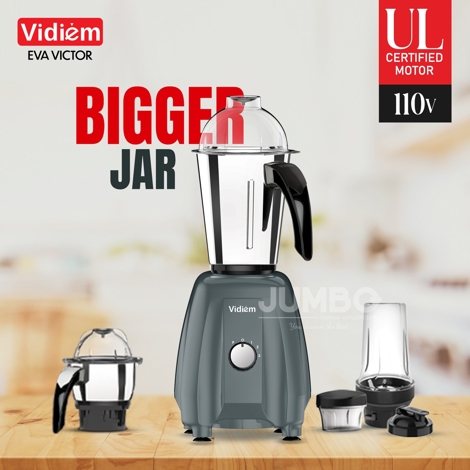 Vidiem Eva VICTOR PRO 650W / 110V - Indian Mixer Grinder SS Jars & 250ml Spice & Personal Coffee Herbs Grinder with 500ml Personal Juices, Shakes &