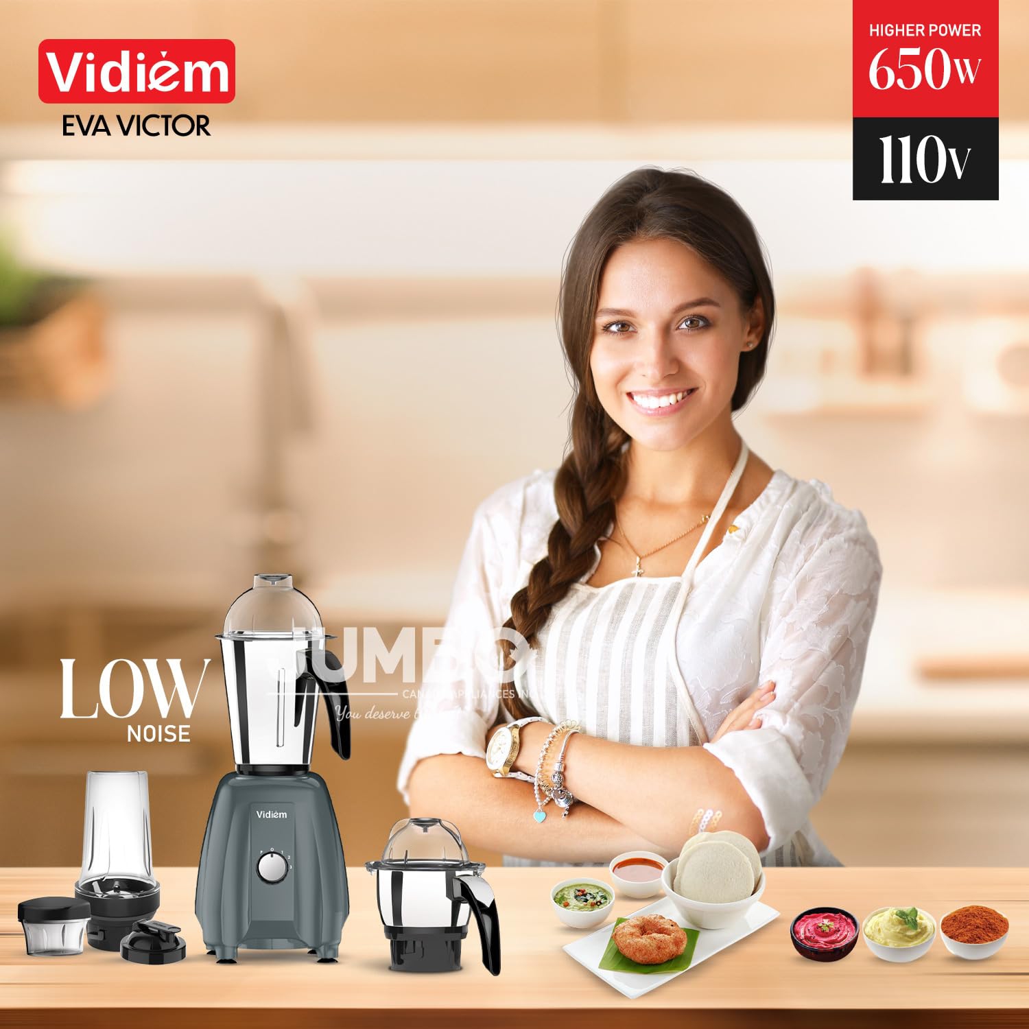 Vidiem Eva VICTOR PRO 650W / 110V - Indian Mixer Grinder SS Jars & 250ml Spice & Personal Coffee Herbs Grinder with 500ml Personal Juices, Shakes &