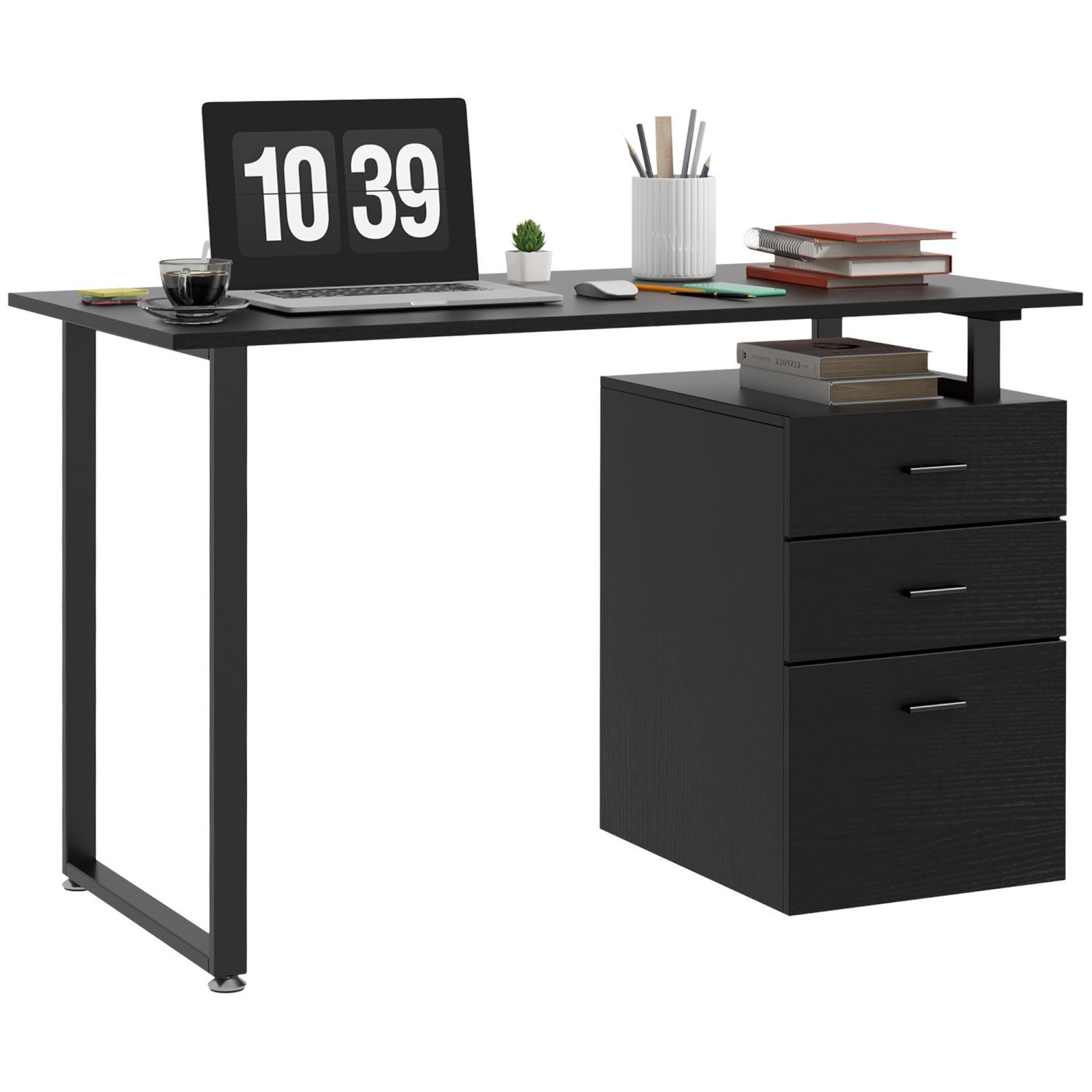 HOMCOM 47" Computer Desk Writing Table Workstation with Multi-Use Reversible File Drawers Metal Frame Home Office Furniture, Black