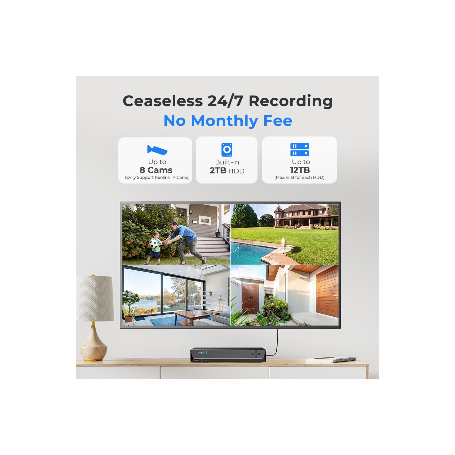 Reolink 5MP 8-Channel PoE Security Camera System, 2TB HDD Built-in, Person/Vehicle Detection, No Subscription Fee