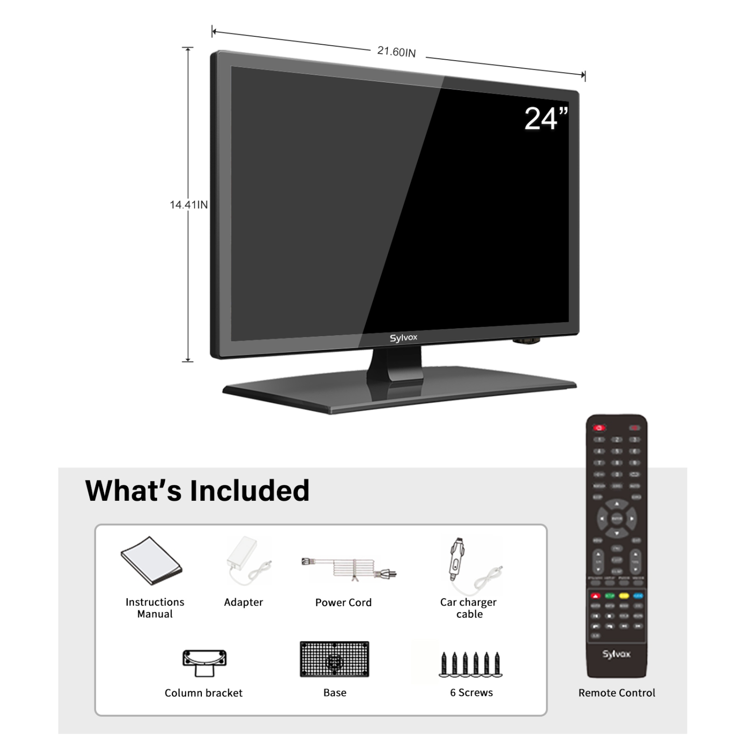 Sylvox 24&nbsp;po RV TV, télévision c.c. 12 V, TV VR HD intégrale 1080P avec lecteur dvd intégré, haut-parleur haute fidélité et radio FM