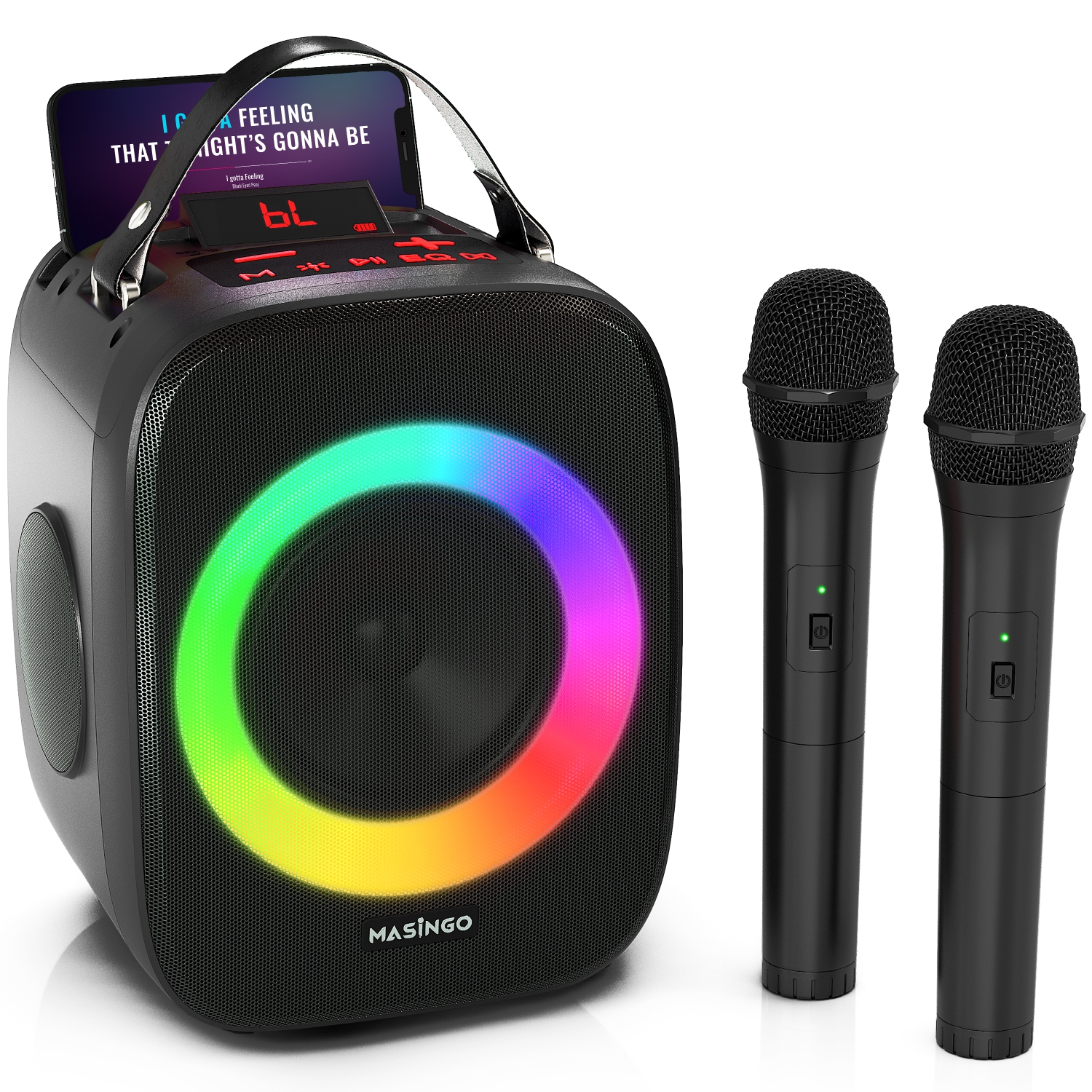 Karaoke Machine for Kids and Adults with 2 Wireless Bluetooth Microphones, Portable 3D Sound Speaker with Colorful LED Lights, Supports TF Card/USB, AUX in, FM, TWS for Home Party