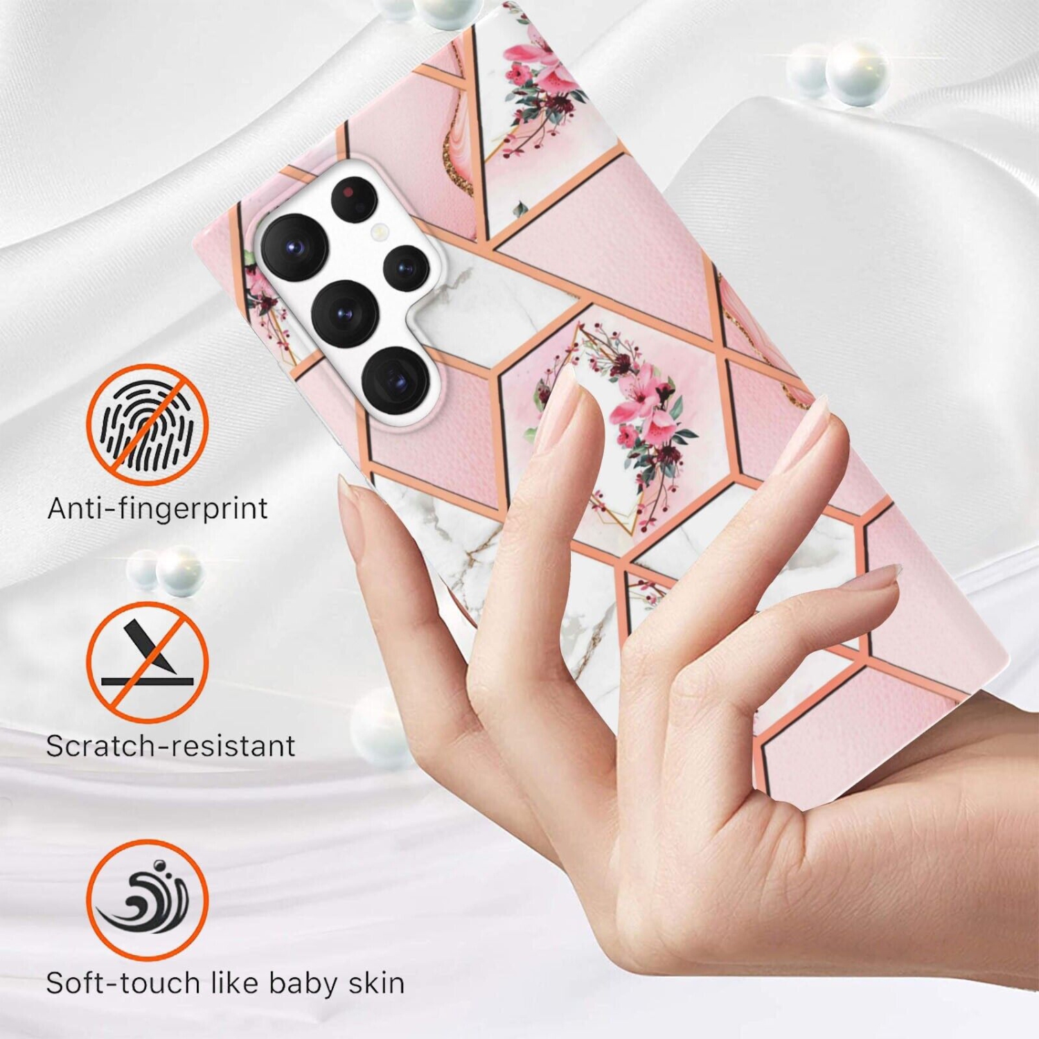 【SuperShield】For Samsung Galaxy S22 TPU Soft Case Slim Cute Men Women Lady Silicone Shockproof Protective Marble Case - Flower Pink With Free