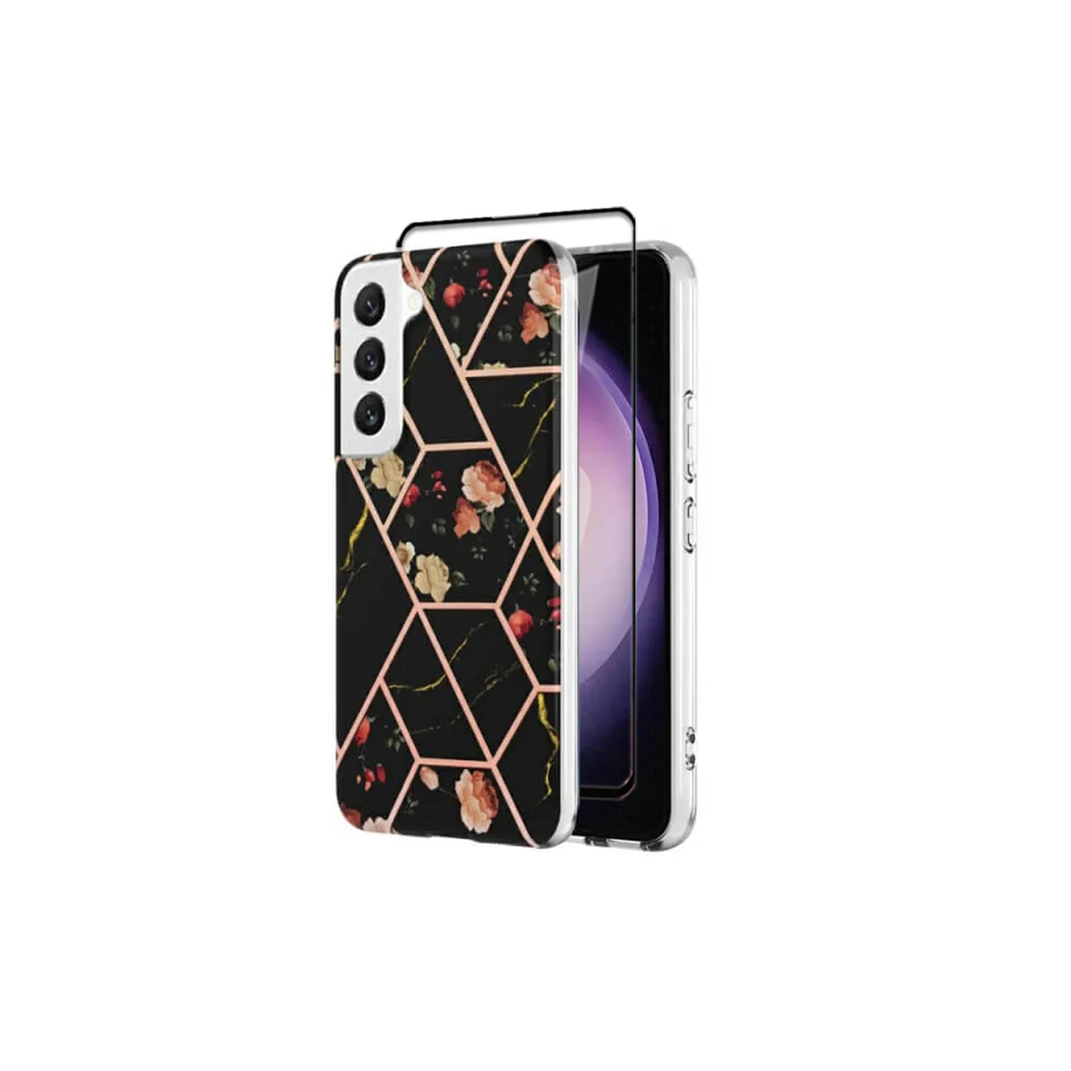 【SuperShield】For Samsung Galaxy S22 Plus TPU Soft Case Slim Cute Men Women Lady Silicone Shockproof Protective Marble Case - Black With Free Tempered