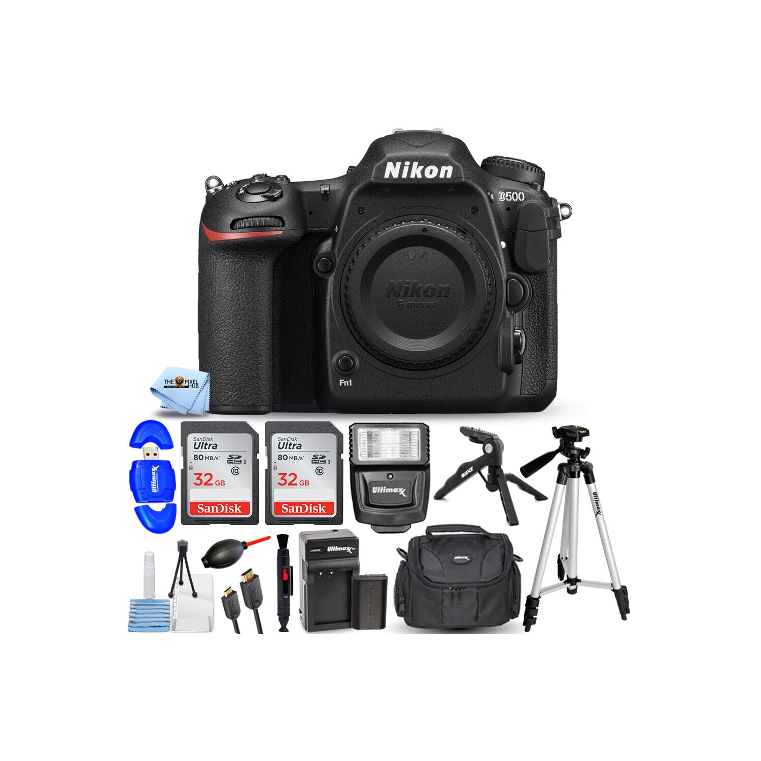 Nikon D500 DSLR Camera (Body Only) + Extra Battery + 64GB + Flash Bundle