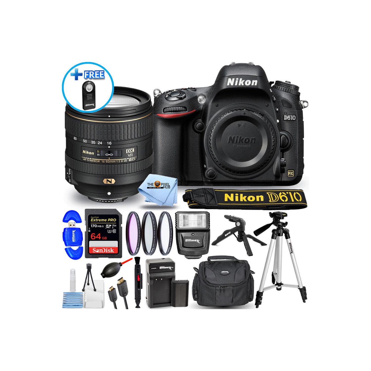 Nikon D610 Camera with 16-80mm f/2.8-4E ED VR Lens - 15PC Accessory Bundle