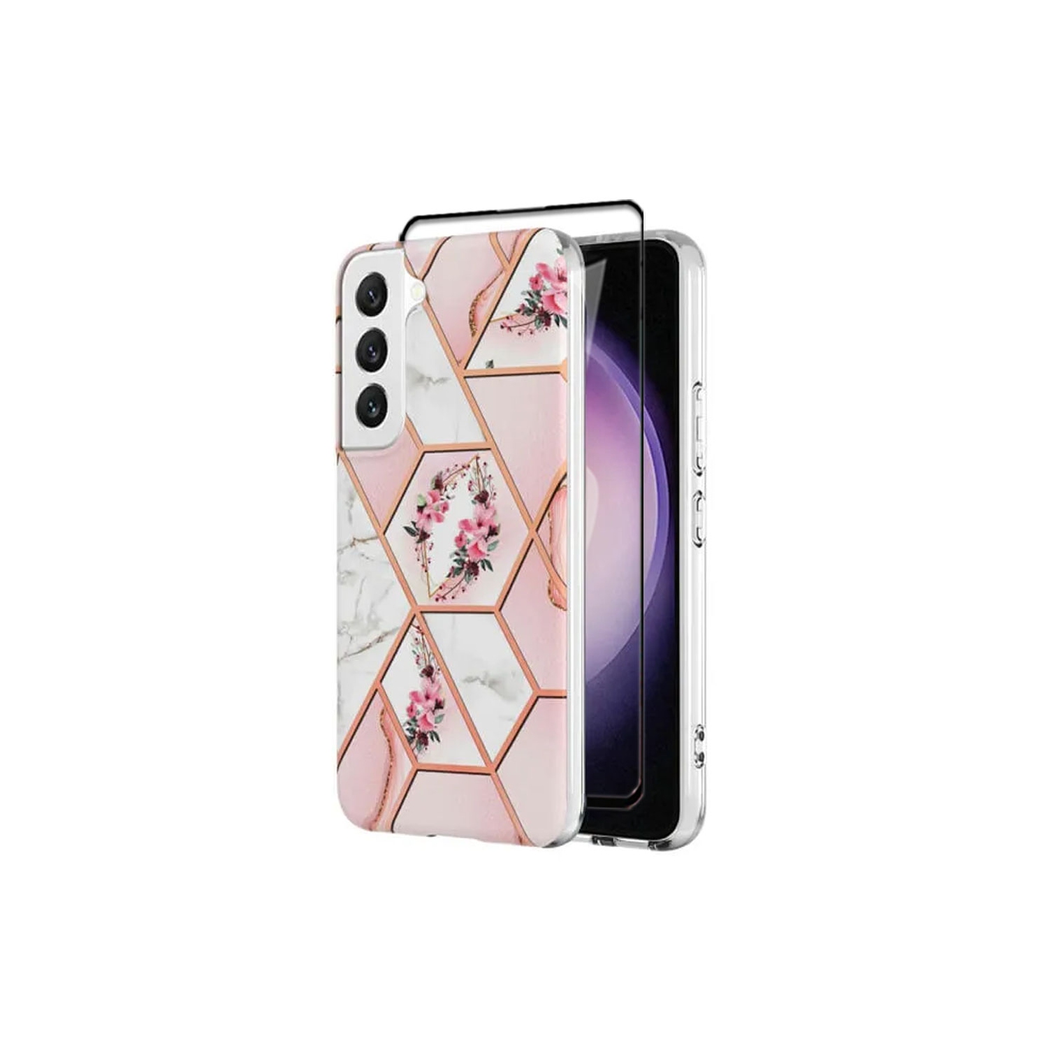 【SuperShield】For Samsung Galaxy S22 Ultra TPU Soft Case Slim Cute Men Women Lady Silicone Shockproof Protective Marble Case - Flower Pink With Free Tempered Glass Screen Protector