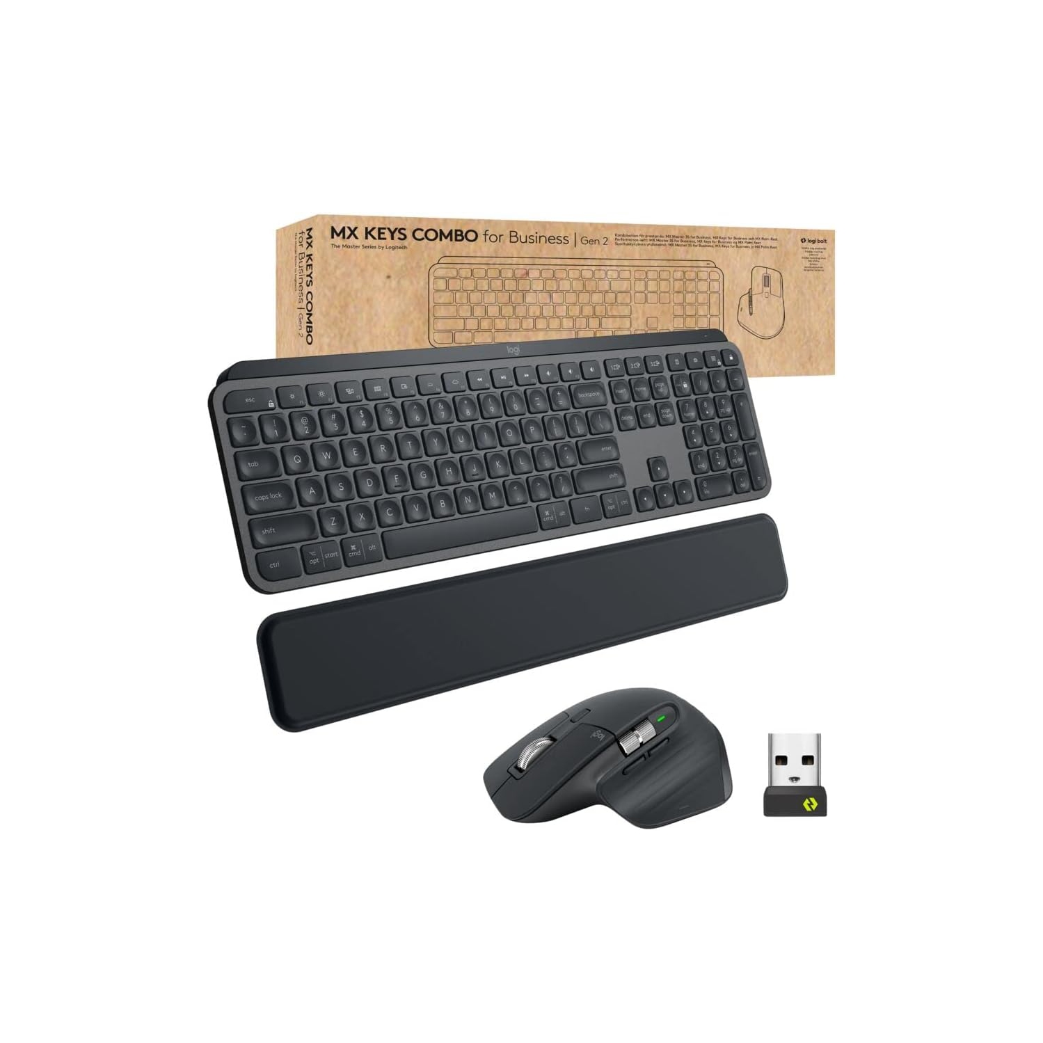 Logitech MX Keys Combo for Business/Gen 2 - Full Size Wireless Keyboard, Mouse and Palm Rest - Bluetooth, Logi Bolt, Quiet Clicks, Windows/Mac/Chrome/Linux - Graphite