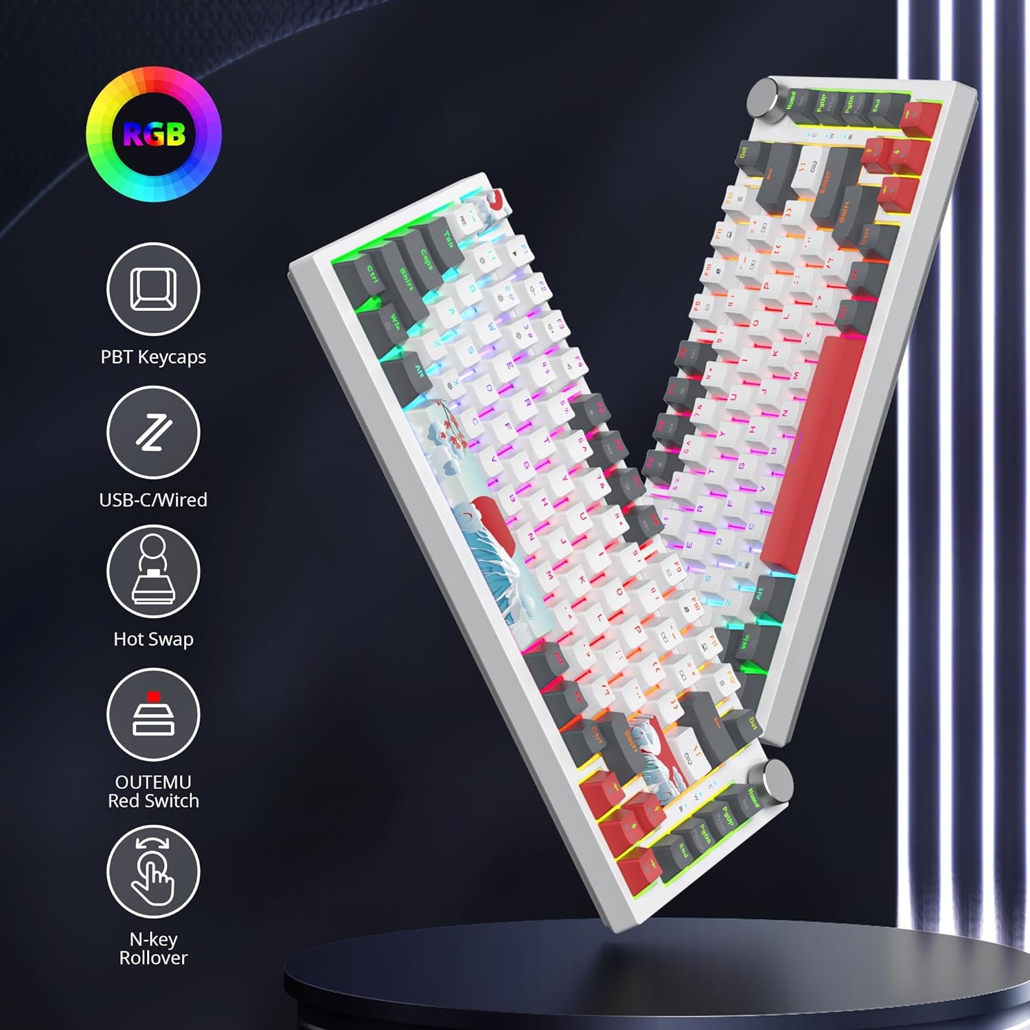 Wired 75% Percent Mechanical Keyboard, Hot Swappable, Red Switch, TKL Mechanical Keyboard, Gasket Mount, RGB Backlit Compact Gaming Keyboard with