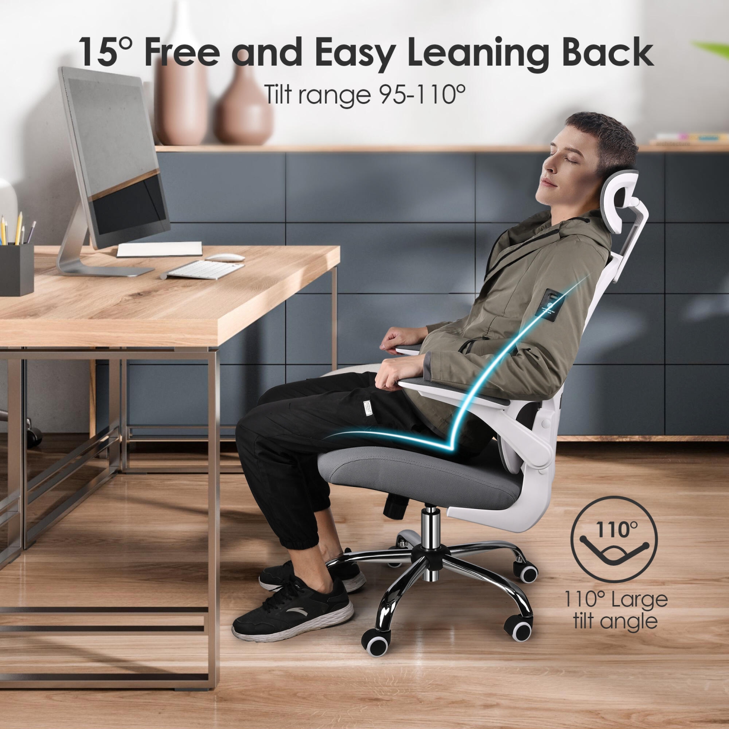Ergonomic Home Office Chair with Lumbar Support and Flip-up Armrests ,Desk Chair Task Chair Computer Chair up to 275lbs - Grey