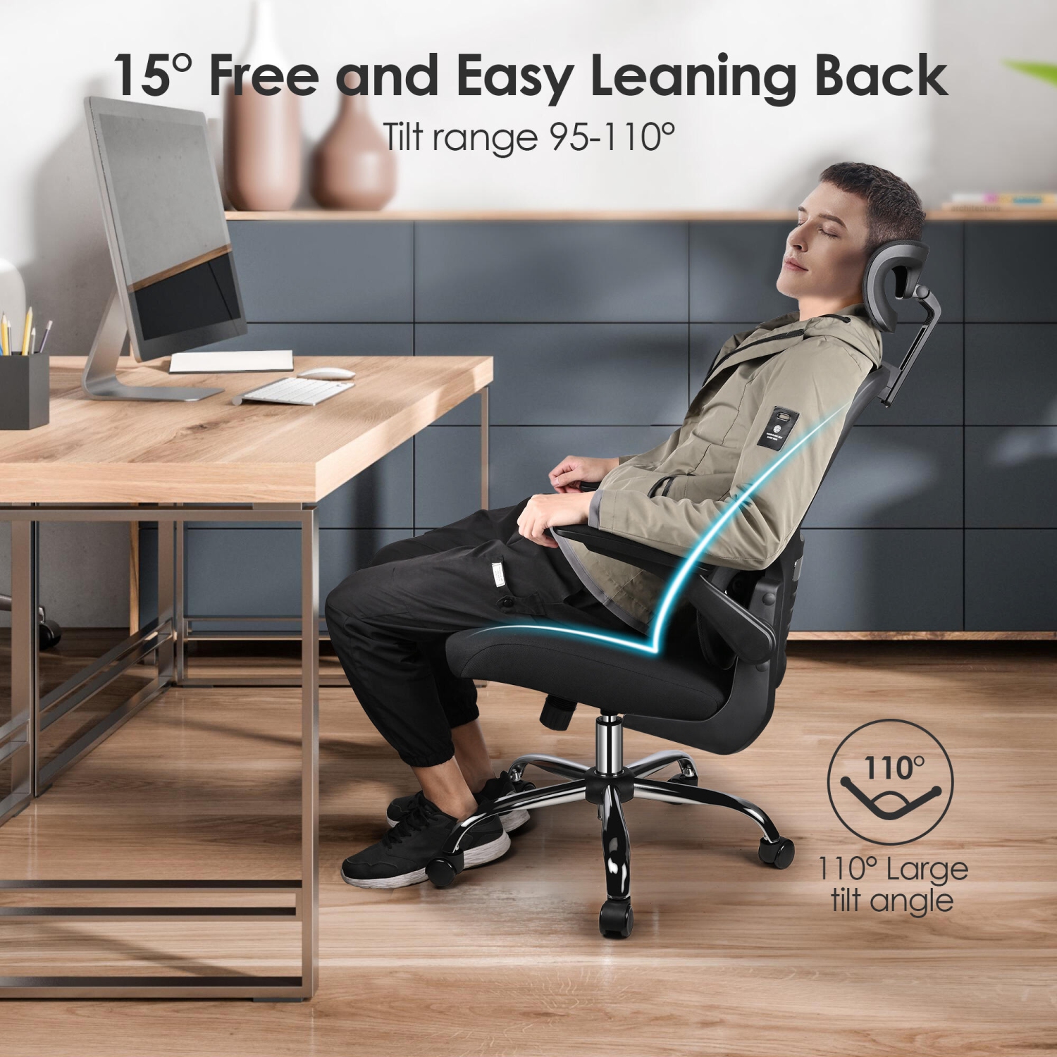 High Back Ergonomic Office Chair with Adjustable Headrest, Desk Chair Task Chair Computer Chair with Lumbar Support and 90° Flip-up Armrests