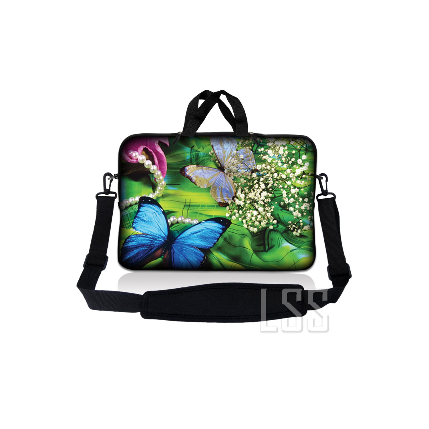 Laptop Skin Shop 17-17.3 inch Neoprene Laptop Sleeve Bag Carrying Case with Handle and Adjustable Shoulder Strap - Butterfly Floral