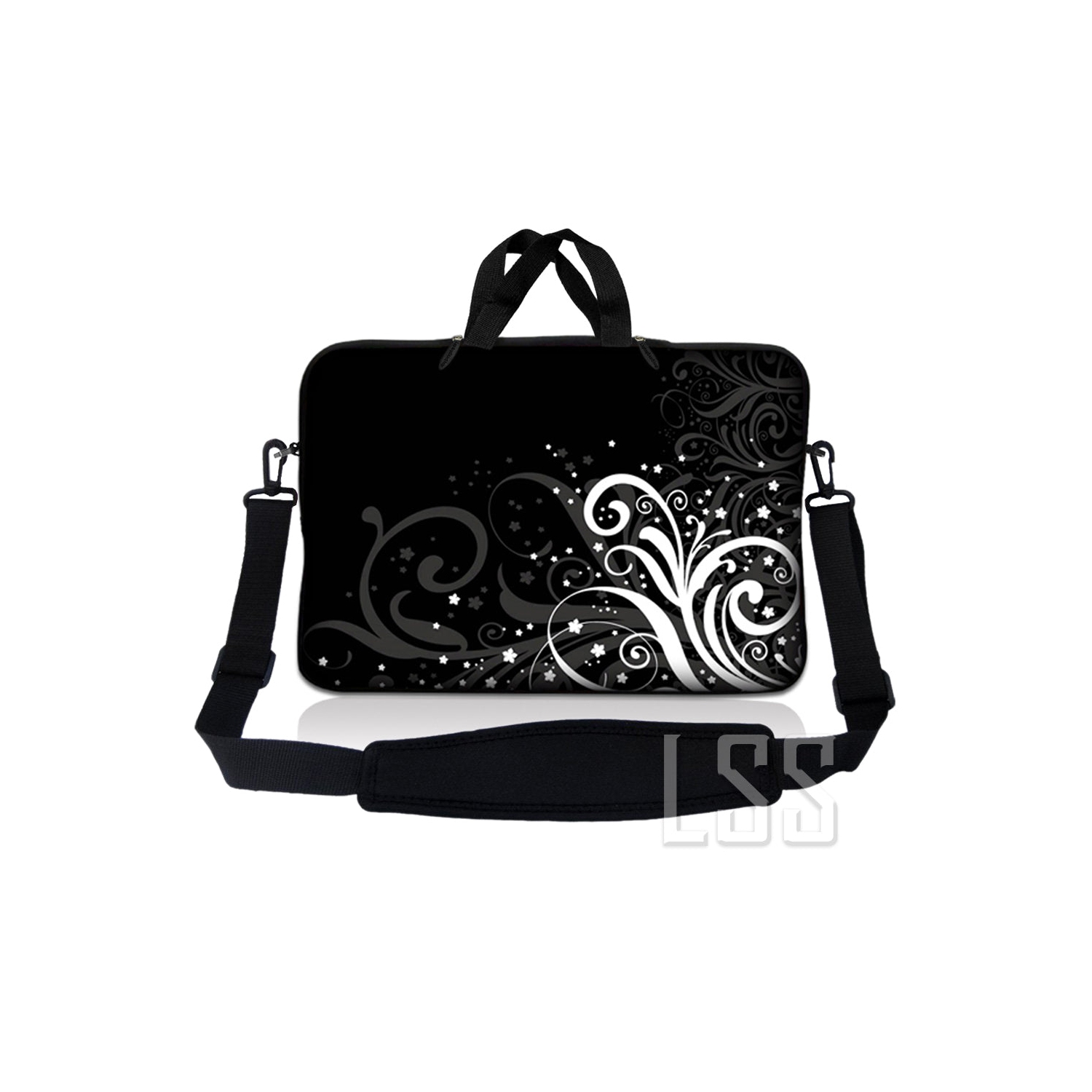 Laptop Skin Shop 8 - 10.2 inch Neoprene Laptop Sleeve Bag Carrying Case with Handle and Adjustable Shoulder Strap - Black and White Flower
