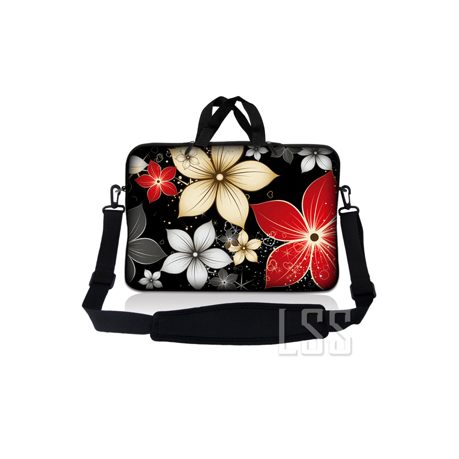 Laptop Skin Shop 12 - 13.3 inch Neoprene Laptop Sleeve Bag Carrying Case with Handle and Adjustable Shoulder Strap - Black Gray Red Flower Leaves