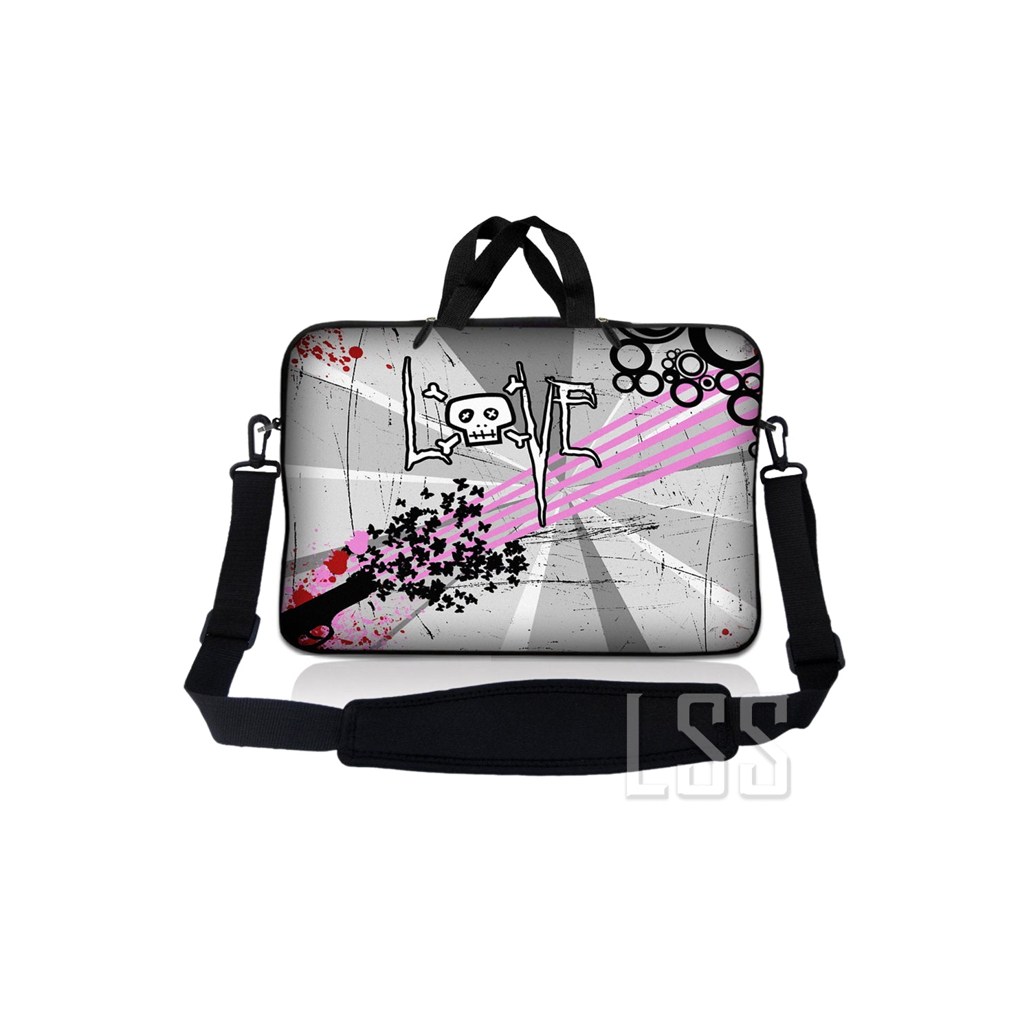Laptop Skin Shop 17-17.3 inch Neoprene Laptop Sleeve Bag Carrying Case with Handle and Adjustable Shoulder Strap - Love Skull Design