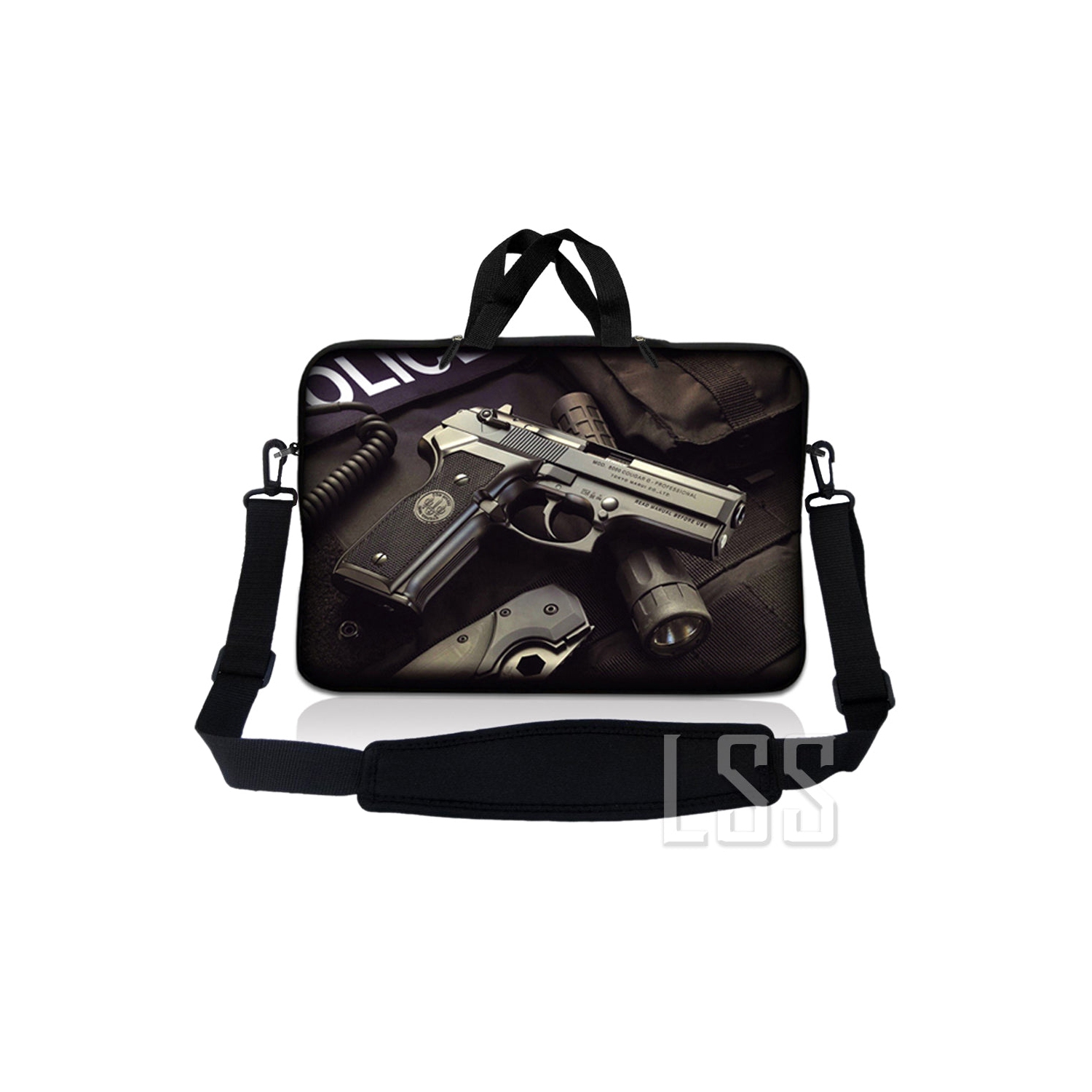 Laptop Skin Shop 10-11.6 inch Neoprene Laptop Sleeve Bag Carrying Case with Handle and Adjustable Shoulder Strap - Police Gun Weapons