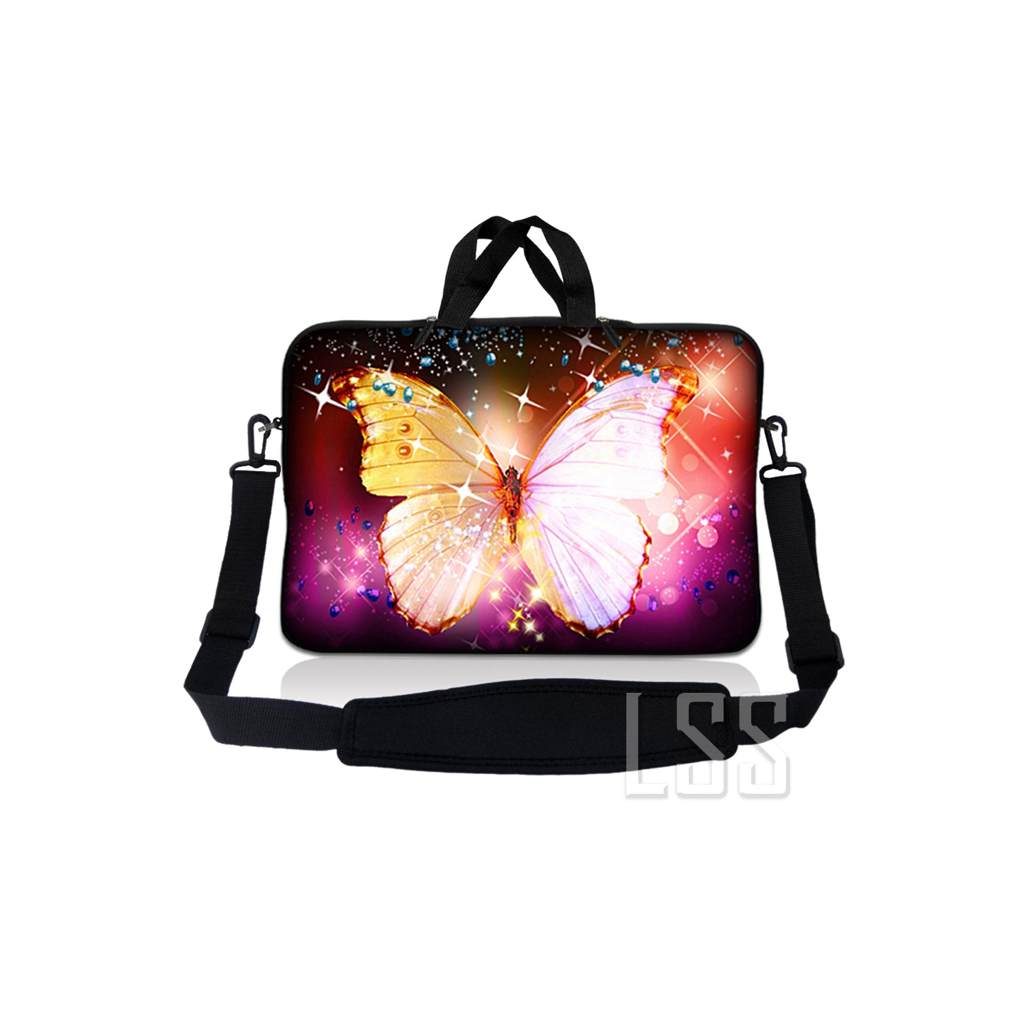 Laptop Skin Shop 15-15.6 inch Neoprene Laptop Sleeve Bag Carrying Case with Handle and Adjustable Shoulder Strap - Sparkling Butterfly