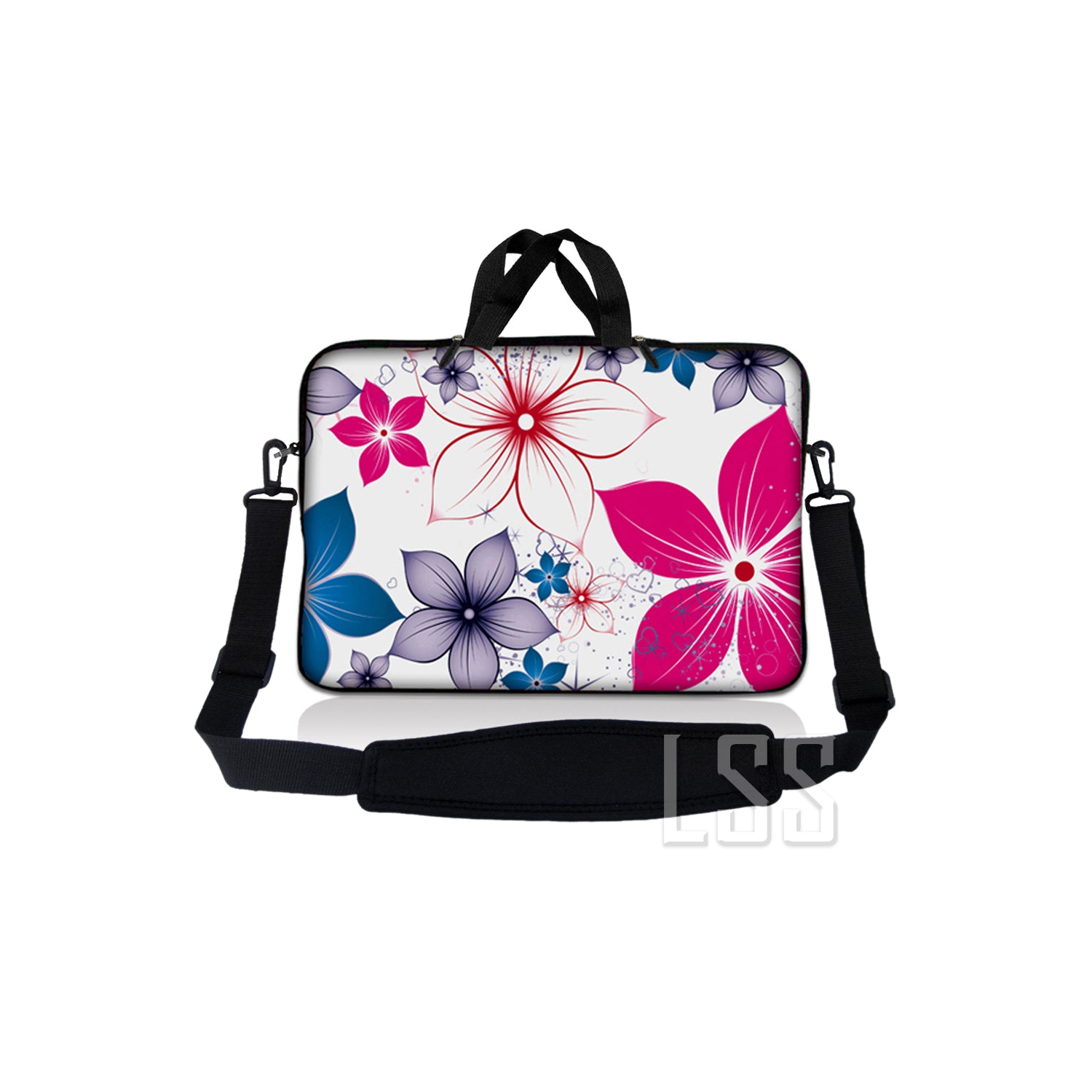 Laptop Skin Shop 17-17.3 inch Neoprene Laptop Sleeve Bag Carrying Case with Handle and Adjustable Shoulder Strap - White Pink Blue Flower Leaves