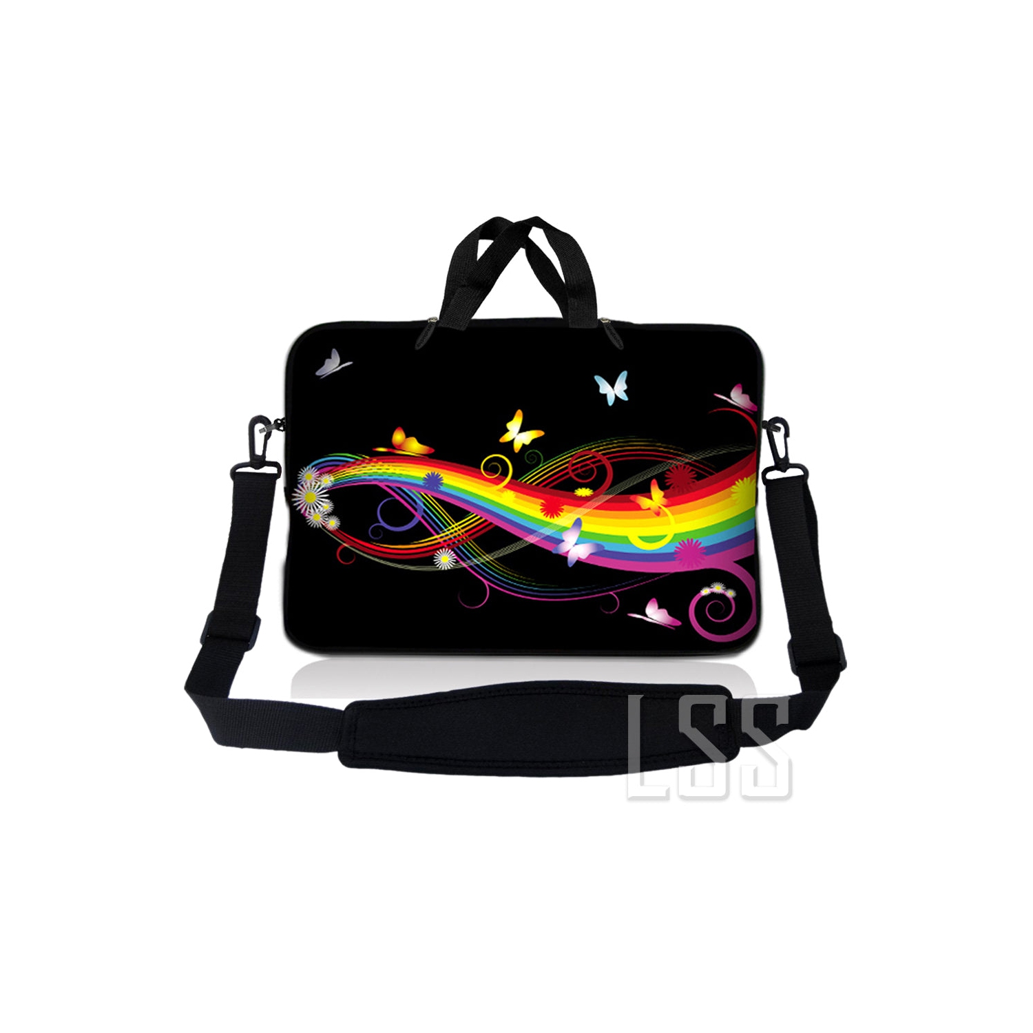 Étui de transport en néoprène 17-17,3&nbsp;po avec poignée et bandoulière ajustable pour portable - papillon arc-en-ciel