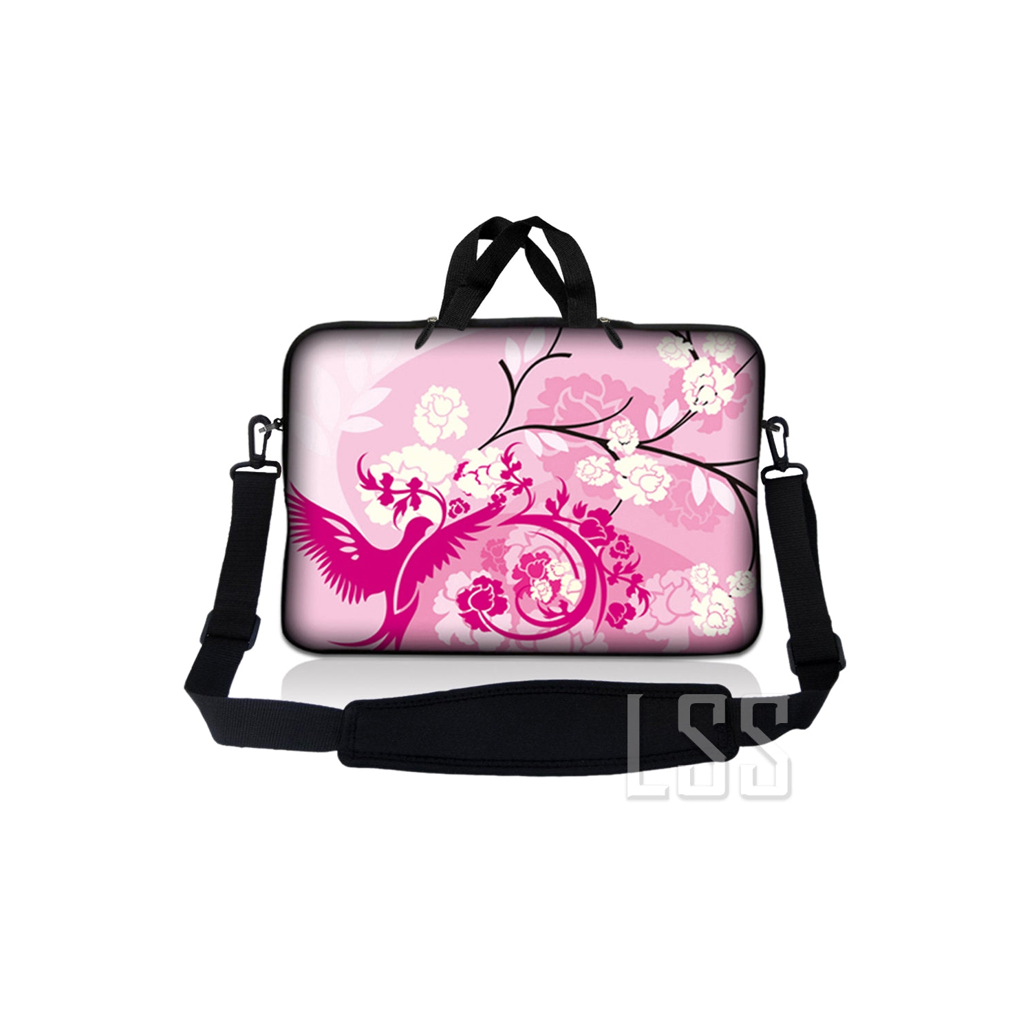 Laptop Skin Shop 8 - 10.2 inch Neoprene Laptop Sleeve Bag Carrying Case with Handle and Adjustable Shoulder Strap - Pink White Roses Bird Floral