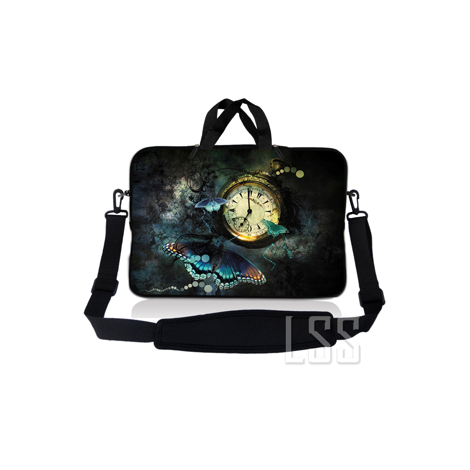 Laptop Skin Shop 14 - 14.9 inch Neoprene Laptop Sleeve Bag Carrying Case with Handle and Adjustable Shoulder Strap - Clock Butterfly Floral