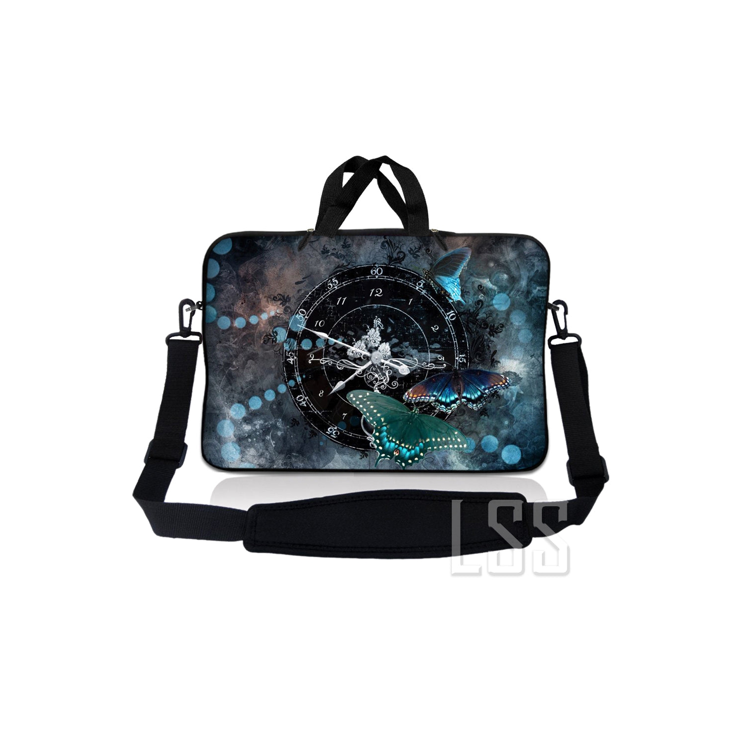 Laptop Skin Shop 8-10.2 inch Neoprene Laptop Sleeve Bag Carrying Case with Handle and Adjustable Shoulder Strap - Clock Butterfly Time