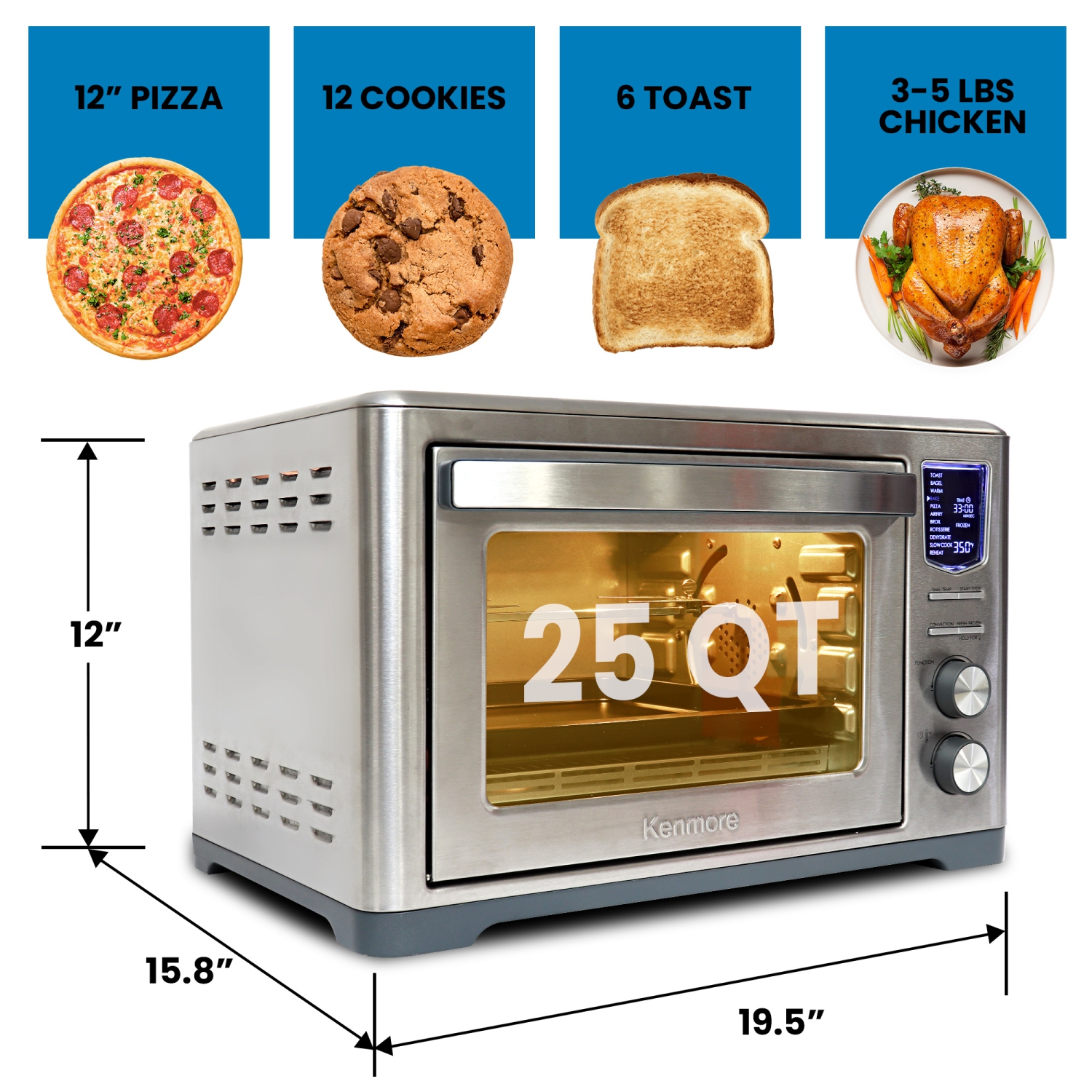 Kenmore Digital 11-In-1 Air Fryer Toaster Oven Combo, 26 Quart Countertop Convection Oven With Rotisserie And Dehydrator, 11 One-Touch Smart Cooking