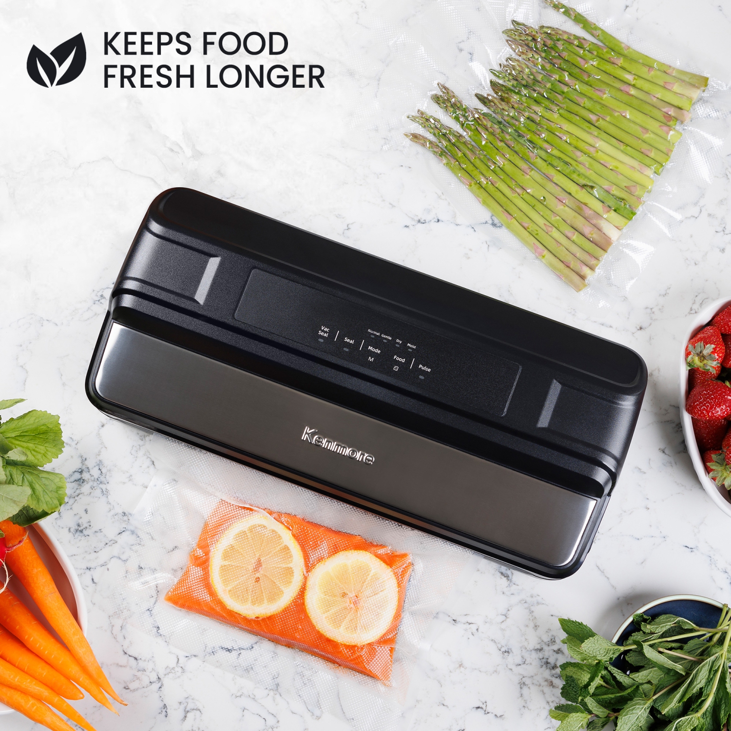Kenmore Vacuum Sealer Machine, One-Touch Automatic Food Sealer, 7 Preset Modes, Bottle Stopper, 16 Ft Bag Roll & 10 Bags, Black