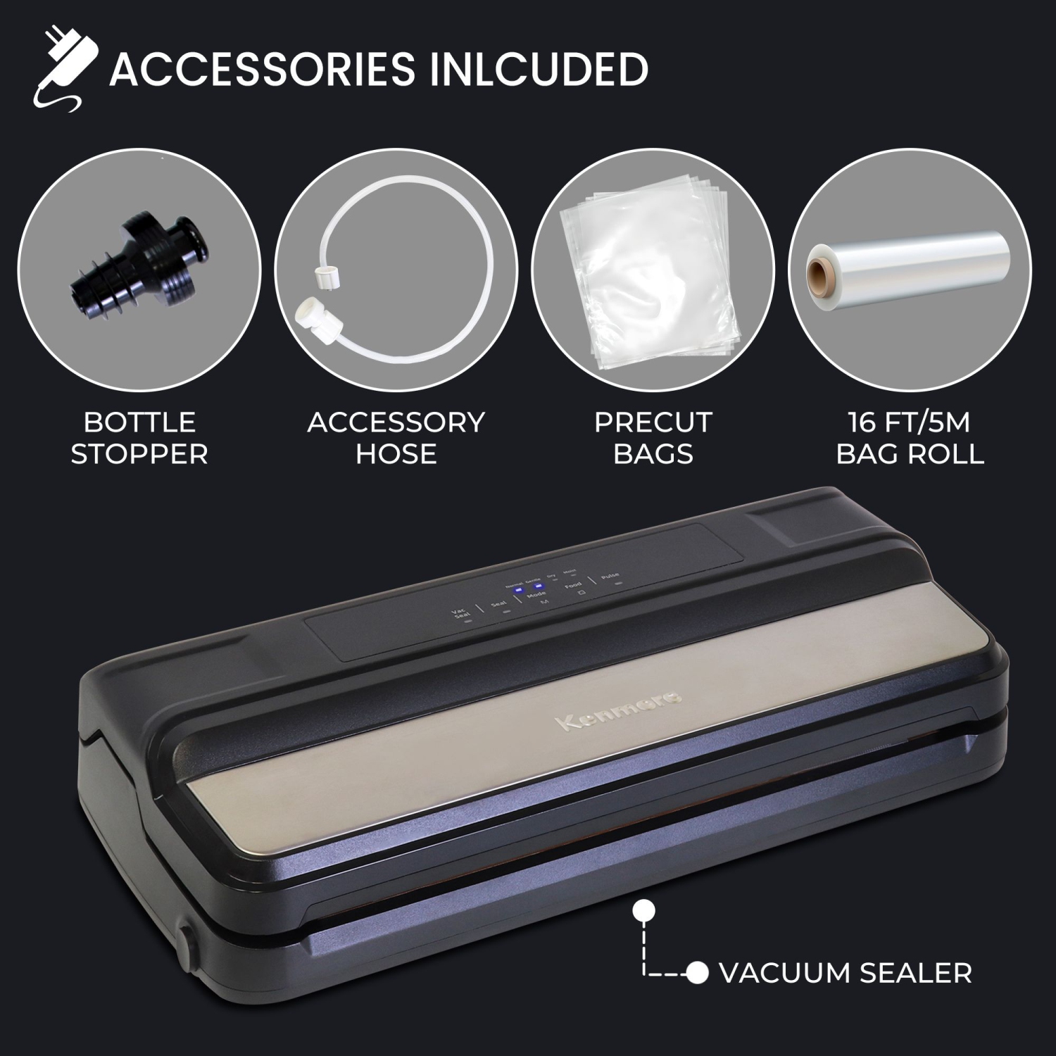 Kenmore Vacuum Sealer Machine, One-Touch Automatic Food Sealer, 7 Preset Modes, Bottle Stopper, 16 Ft Bag Roll & 10 Bags, Black