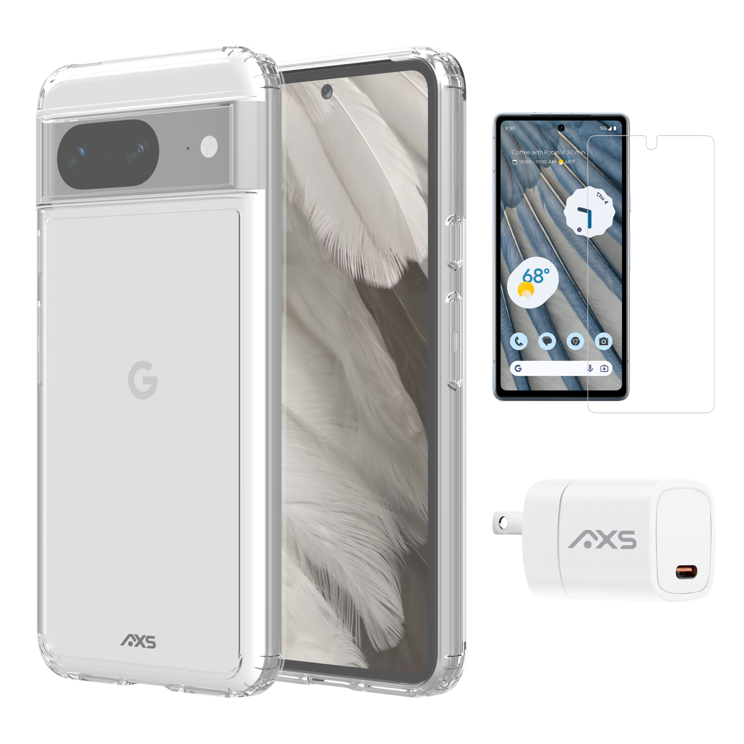 AXS Starter Kit bundle | Ultra Clear Case, Screen Protector and 30w Charger for Google Pixel 8