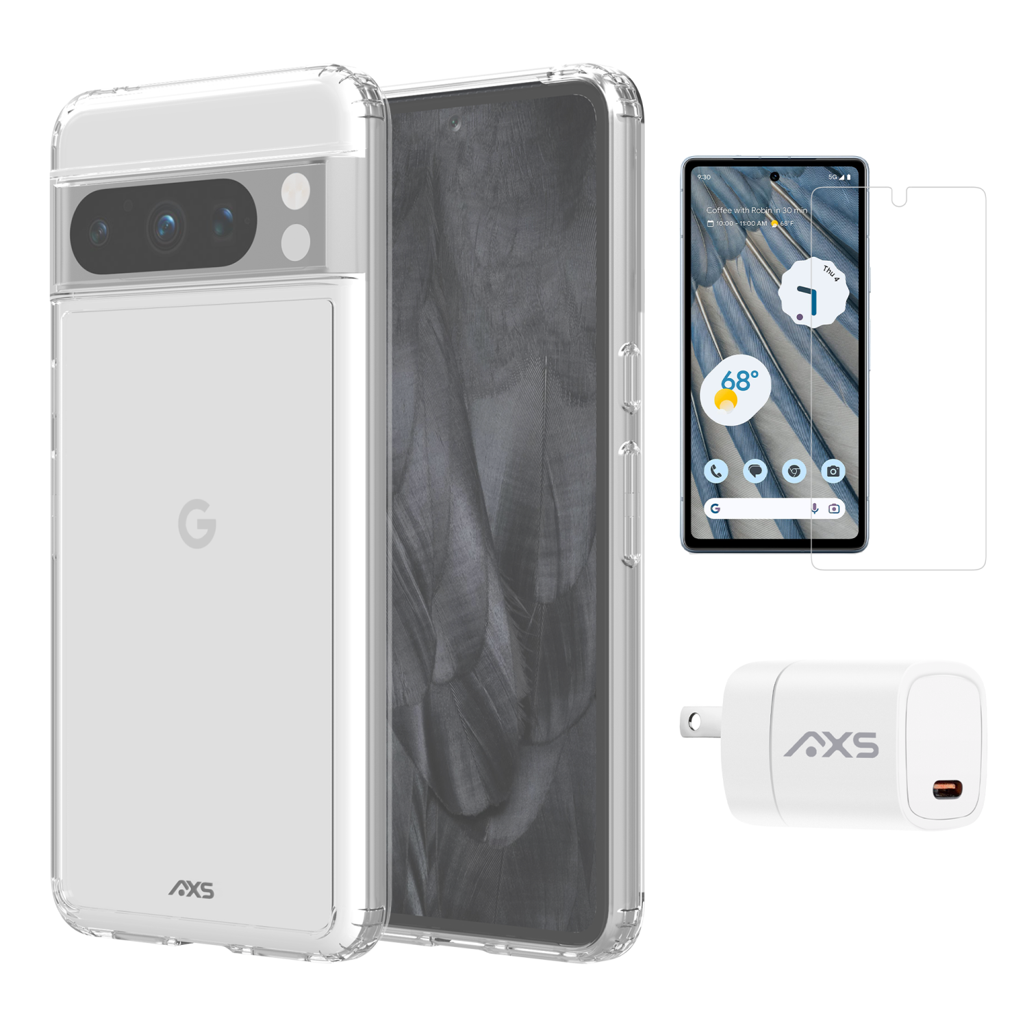 AXS Starter Kit bundle | Ultra Clear Case, Screen Protector and 20w Charger for Google Pixel 8 Pro