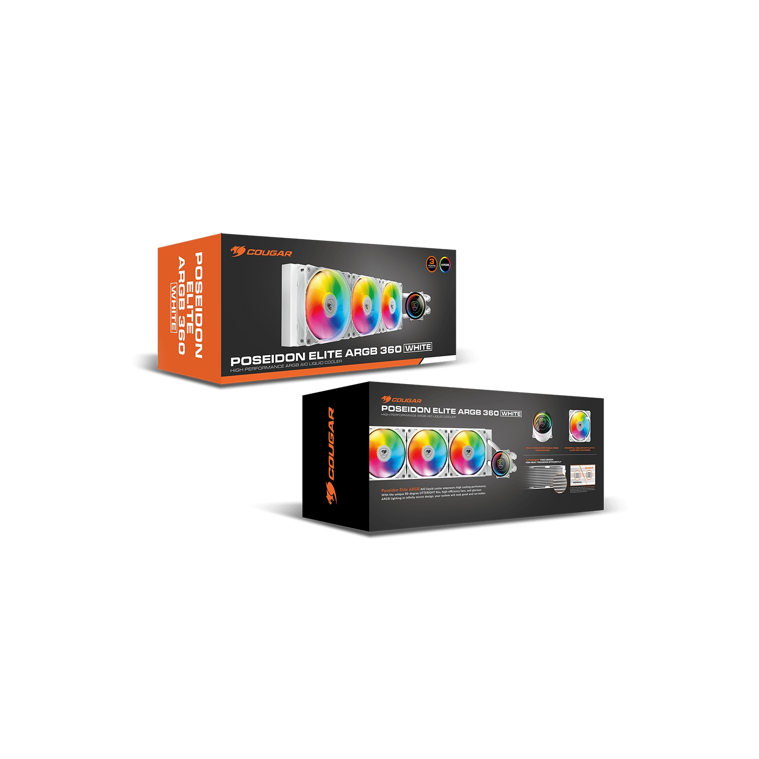 Cougar Poseidon Elite 360 ARGB High Performance Liquid Cooler|VA 120 ARGB Fans x3 + ARGB Pump Head|Wireless Controller |White
