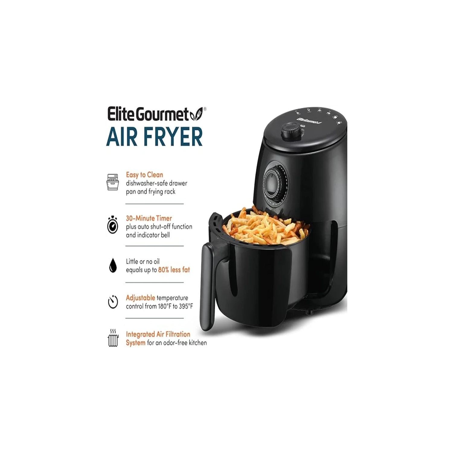 Friteuse à air chaud électrique Elite Gourmet EAF-0201 2,1 pintes - cuisson saine sans huile, commandes de minuterie et de température | économie