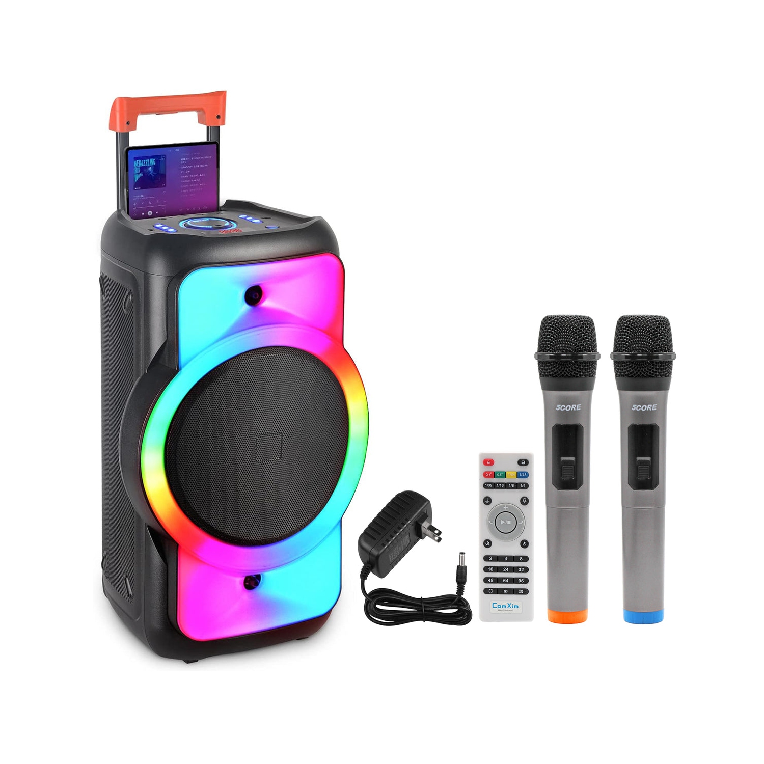 5 Core Bluetooth Speaker Karaoke Machine Portable Singing PA System w Cool DJ Light Support FM + TWS + USB + Memory Card+ AUX + REC Party Speakers Includes Two Wireless Mics
