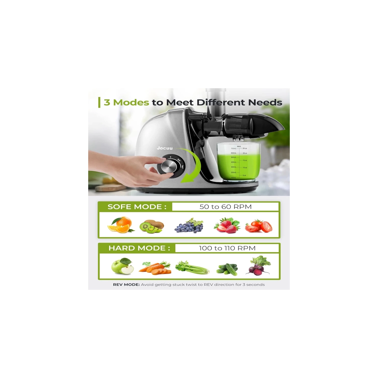 Centrifugeuse à pression à froid | modes à 2 vitesses, masticateur pour légumes et fruits | recettes, brosse, fonction de marche arrière | moteur