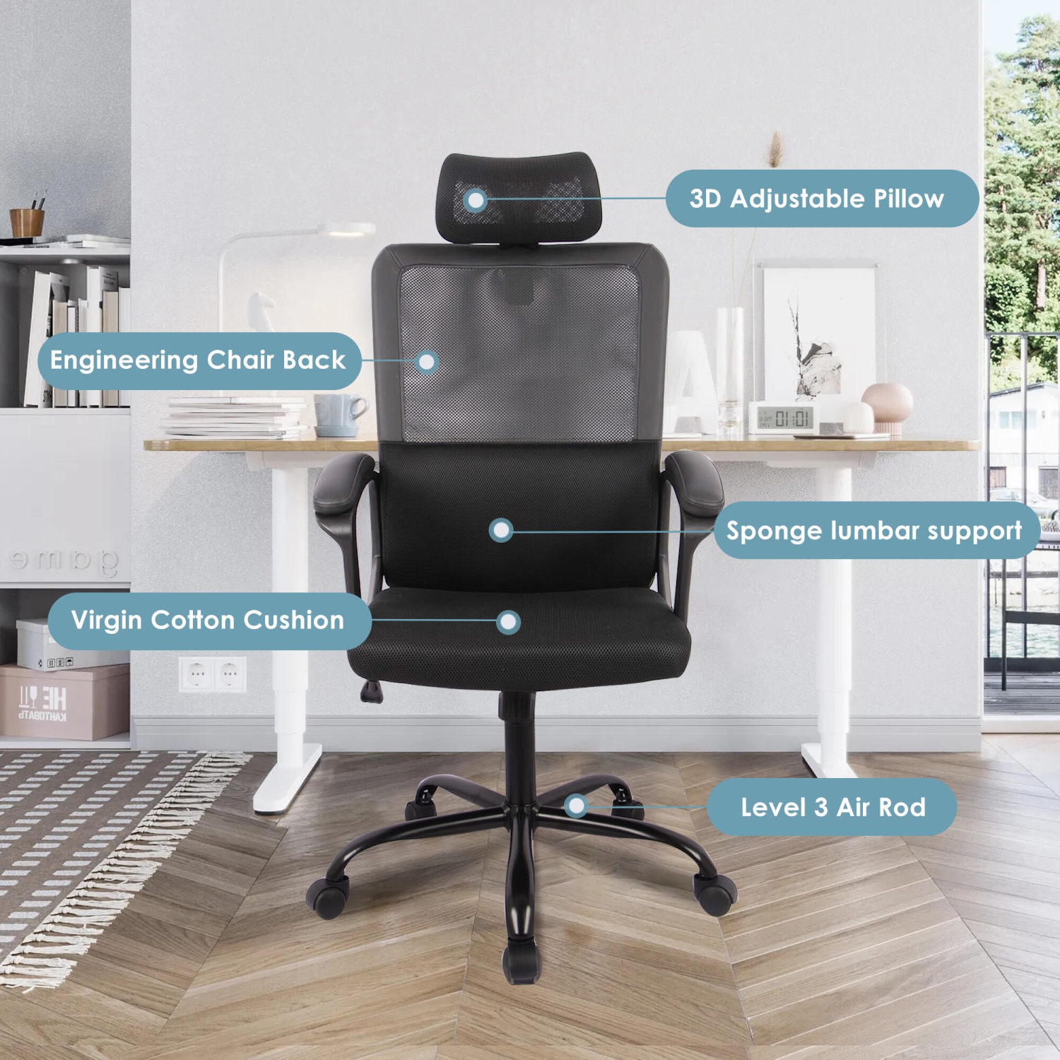 Mesh Ergonomic Office Chair with Adjustable Headrest Lumbar Support Soft Armrest, High Back Swivel Executive Computer Desk Chair