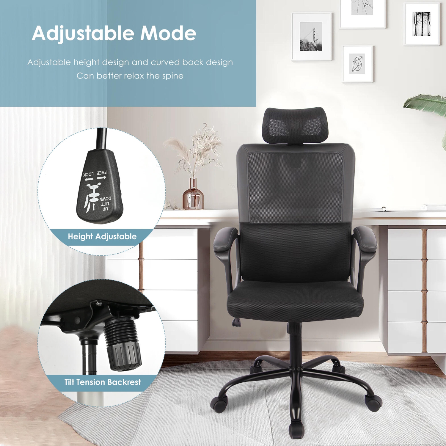 Mesh Ergonomic Office Chair with Adjustable Headrest Lumbar Support Soft Armrest, High Back Swivel Executive Computer Desk Chair