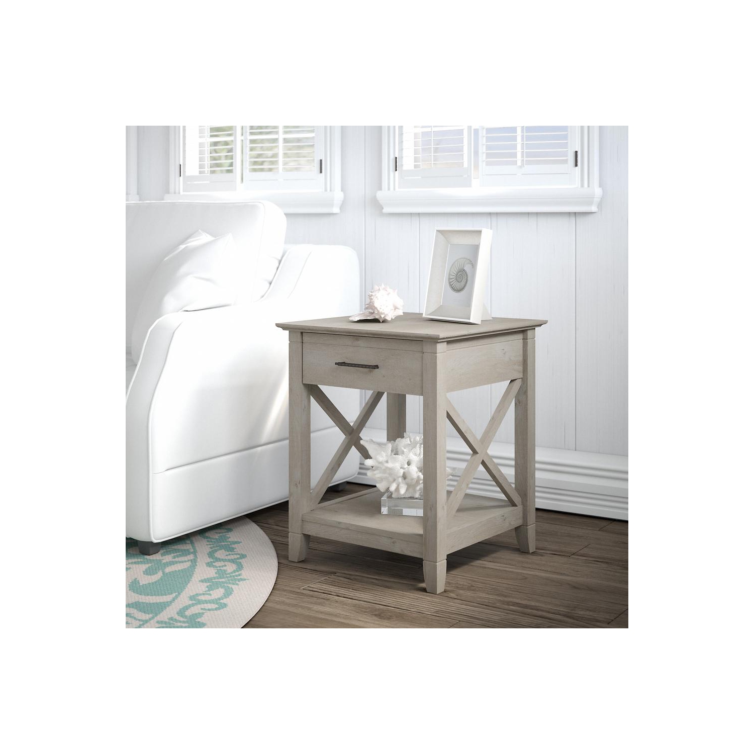 Bush Furniture Key West End Table with Storage in Washed Gray