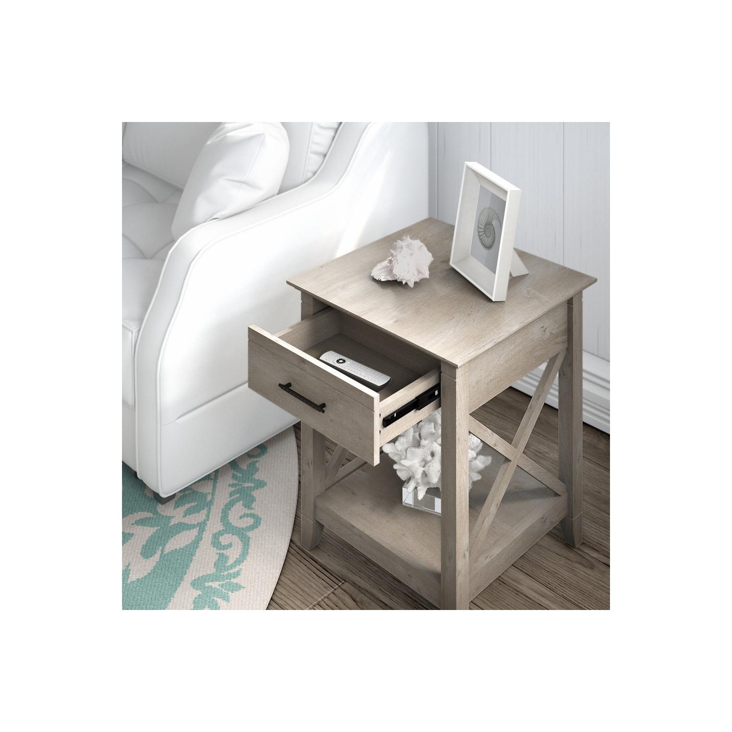 Bush Furniture Key West End Table with Storage in Washed Gray