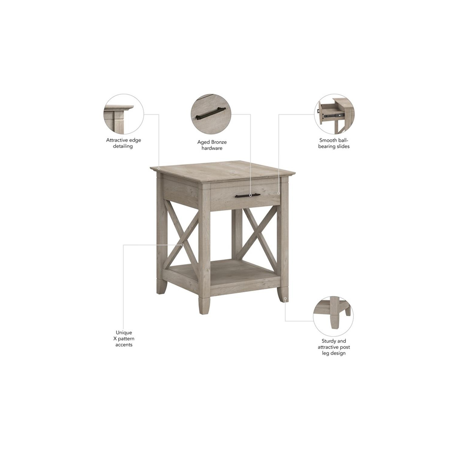 Bush Furniture Key West End Table with Storage in Washed Gray