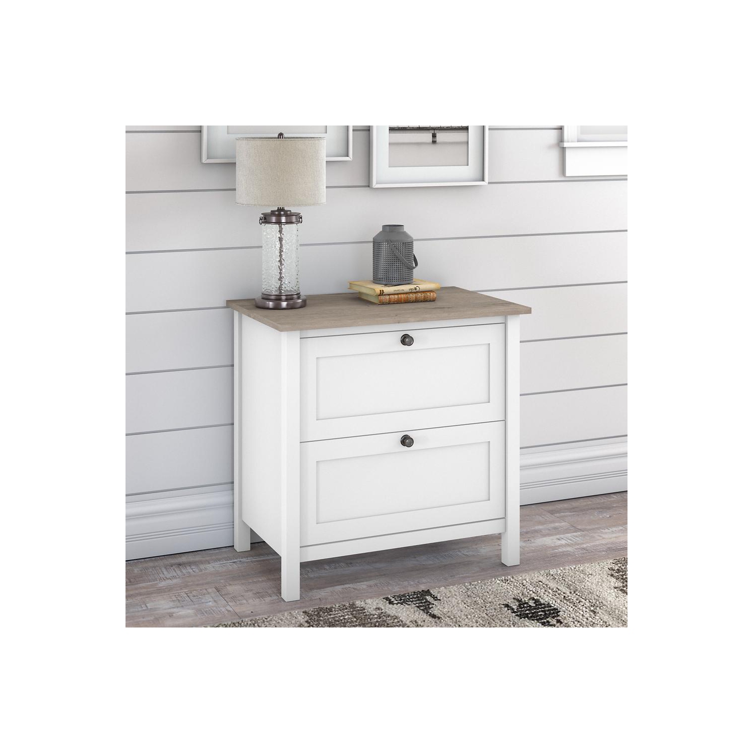 Bush Furniture – Classeur latéral Mayfield à 2 tiroirs, blanc pur et gris à feuillure