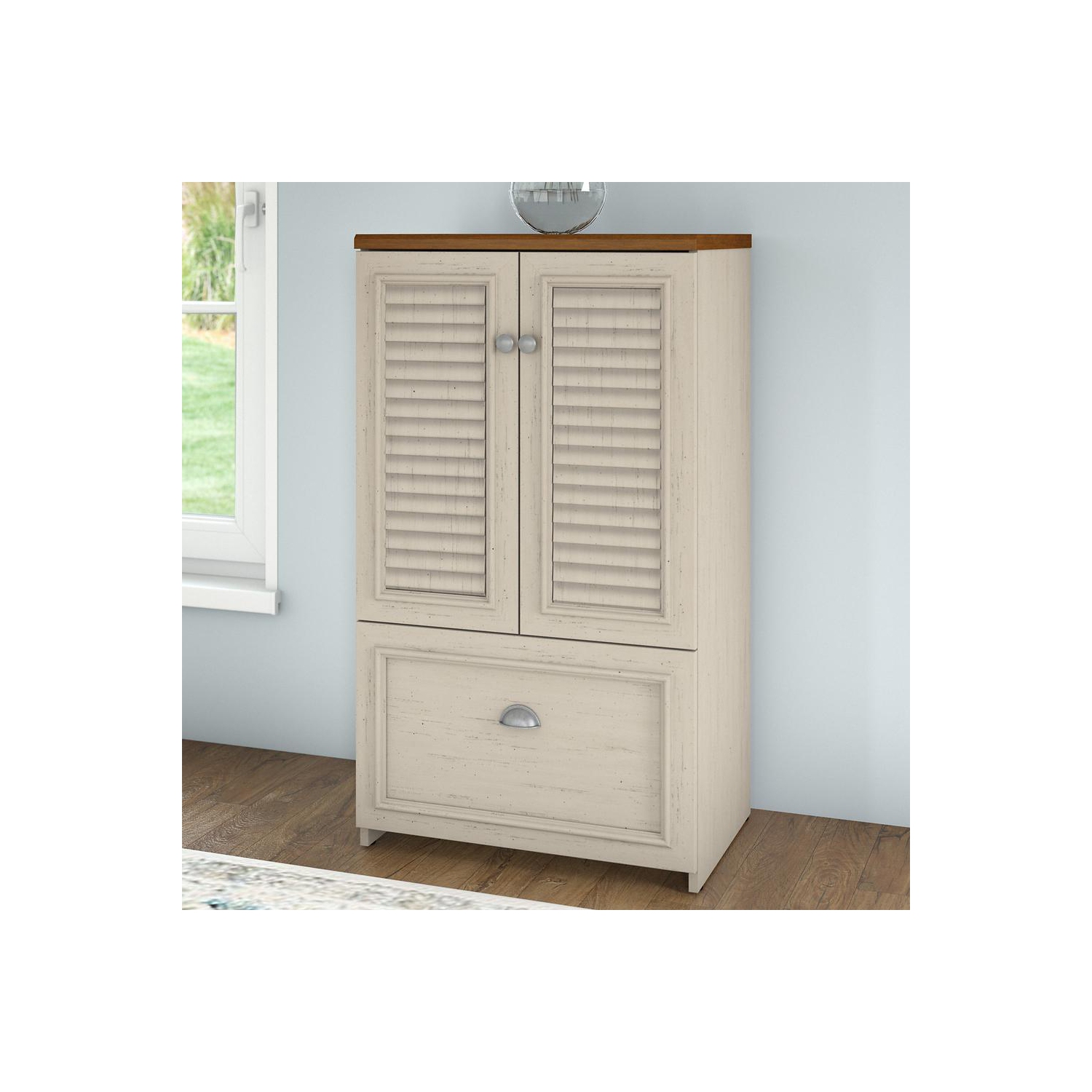 Bush Furniture Fairview 2 Door Storage Cabinet with File Drawer, Antique White/Tea Maple
