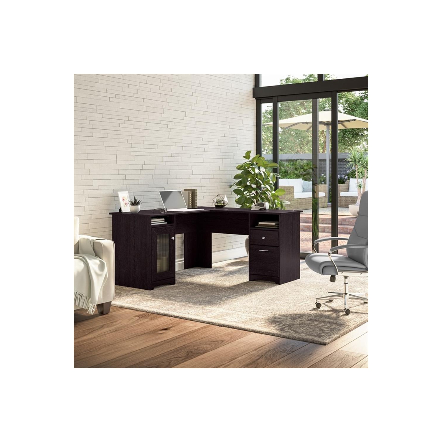 Bureau d'ordinateur en L avec rangement 60&nbsp;W de Cabot - Chêne espresso - Bois d'ingénierie