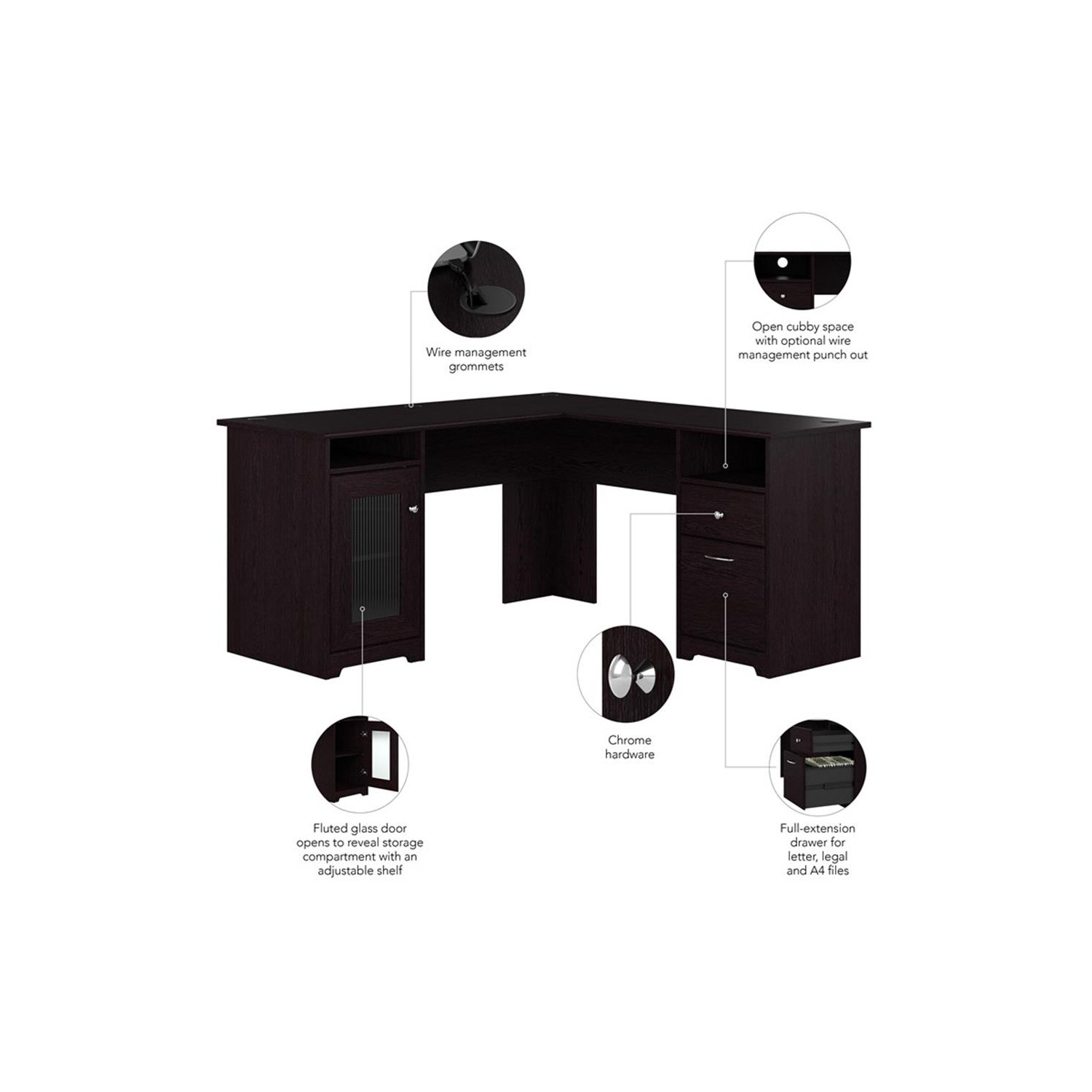 Bureau d'ordinateur en L avec rangement 60&nbsp;W de Cabot - Chêne espresso - Bois d'ingénierie