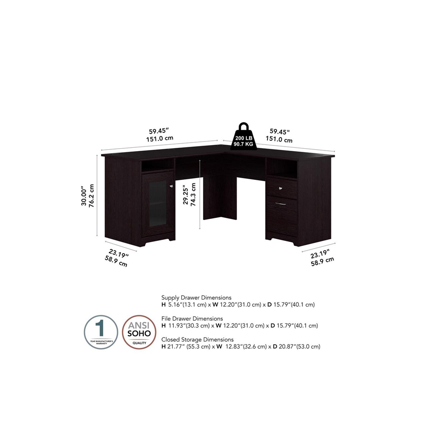 Bureau d'ordinateur en L avec rangement 60&nbsp;W de Cabot - Chêne espresso - Bois d'ingénierie
