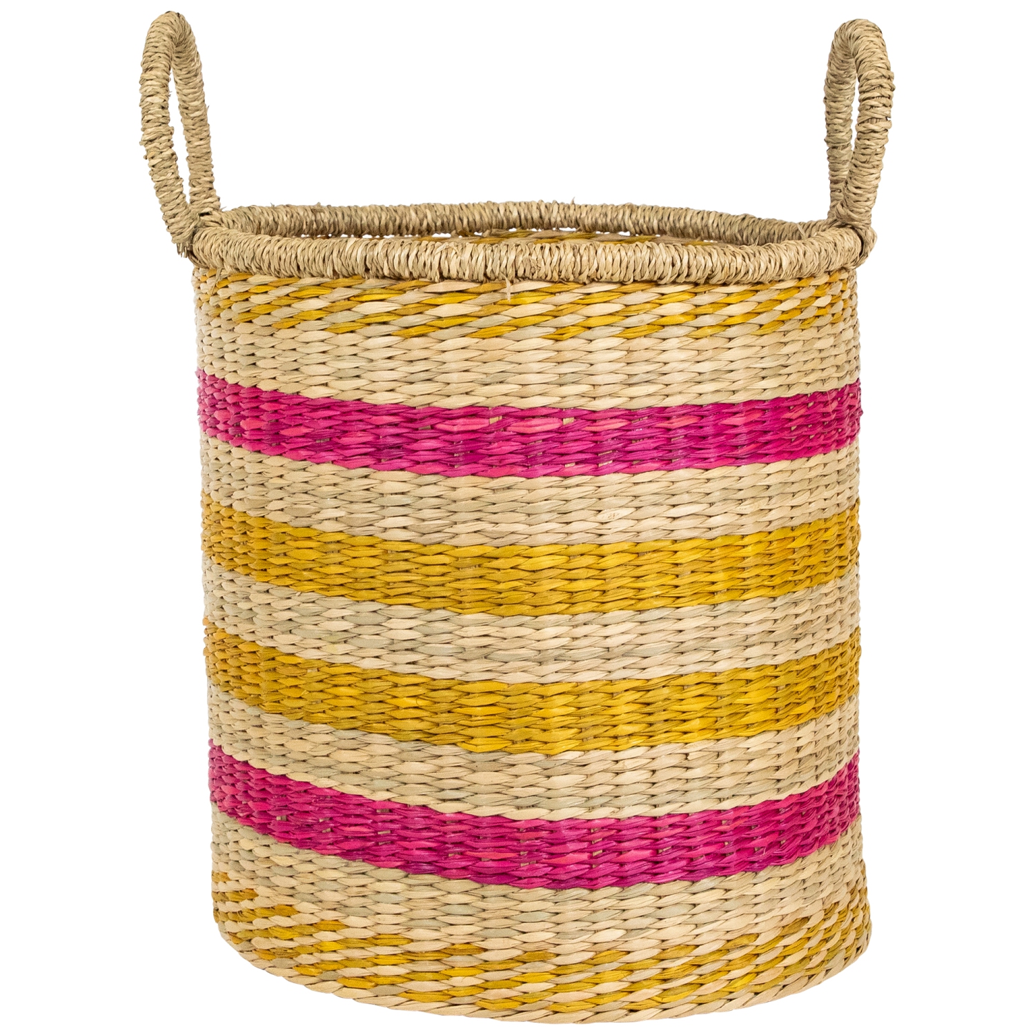 Set of 3 Striped Fuchsia and Yellow Seagrass Woven Baskets with Handles 13.75"