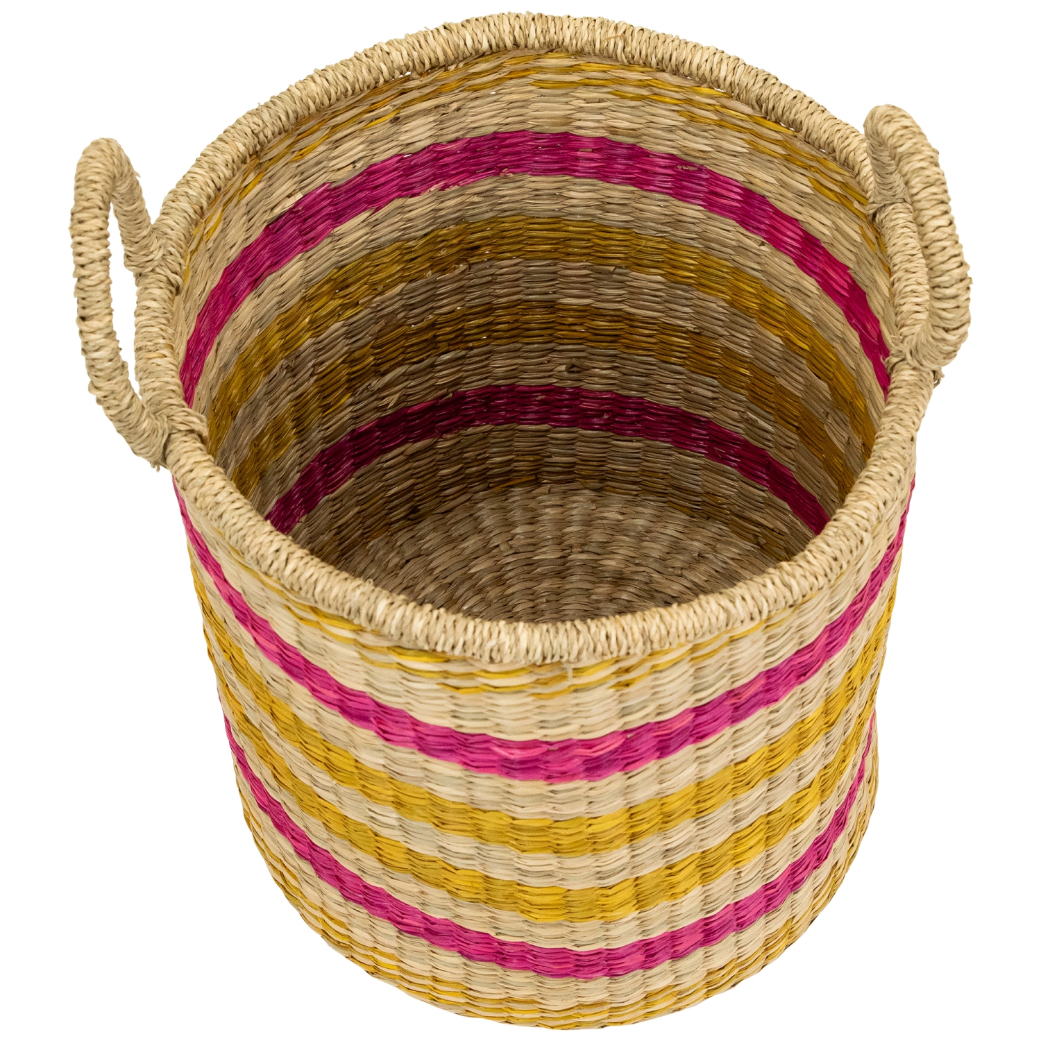 Set of 3 Striped Fuchsia and Yellow Seagrass Woven Baskets with Handles 13.75"