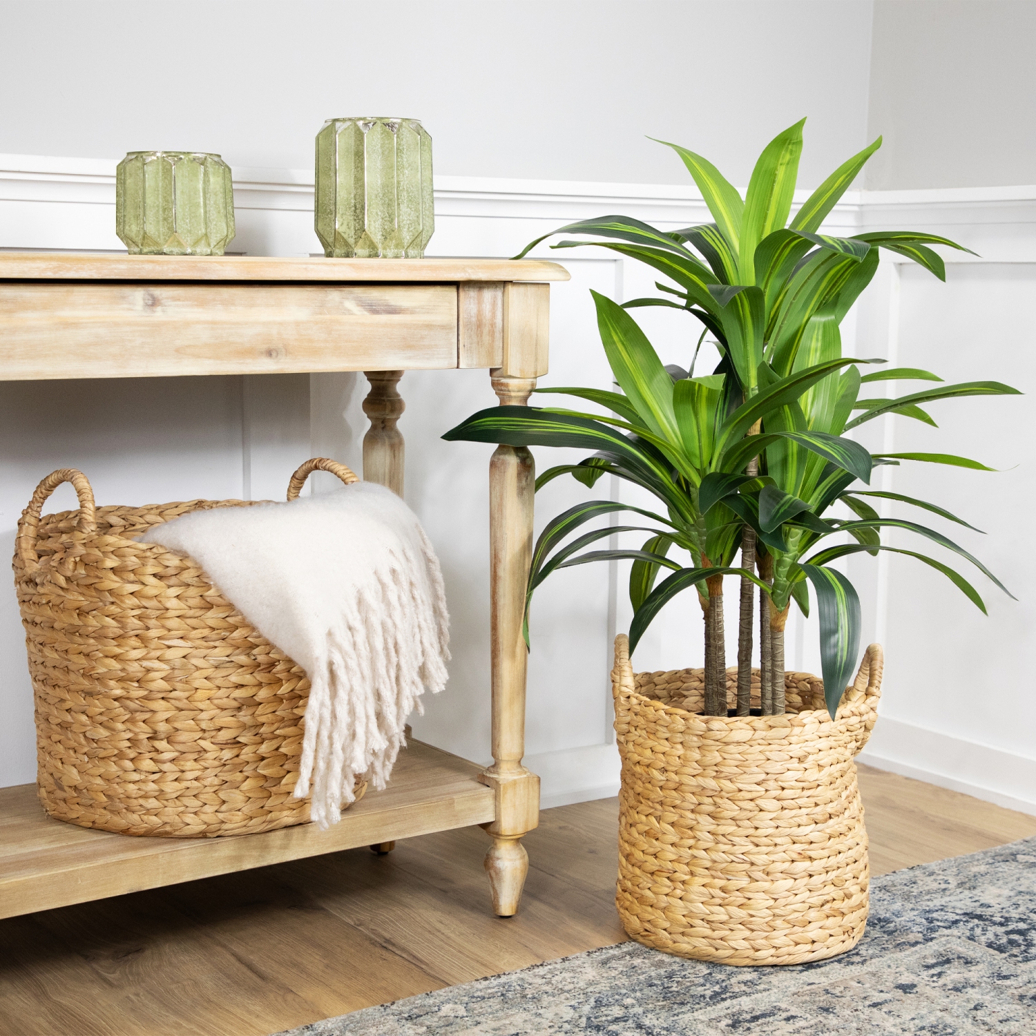 Set of 2 Beige Textured Water Hyacinth Woven Storage Baskets with Handles - 15.75"