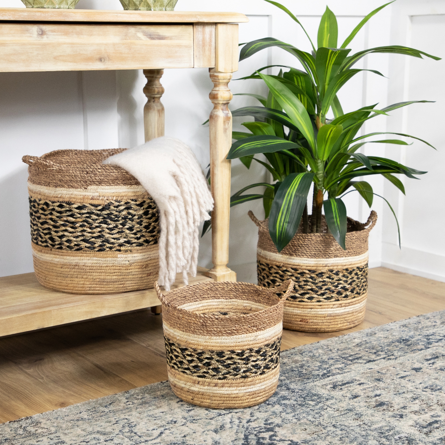 Seagrass Weave Round Storage Baskets with Handles - 15" - Set of 3